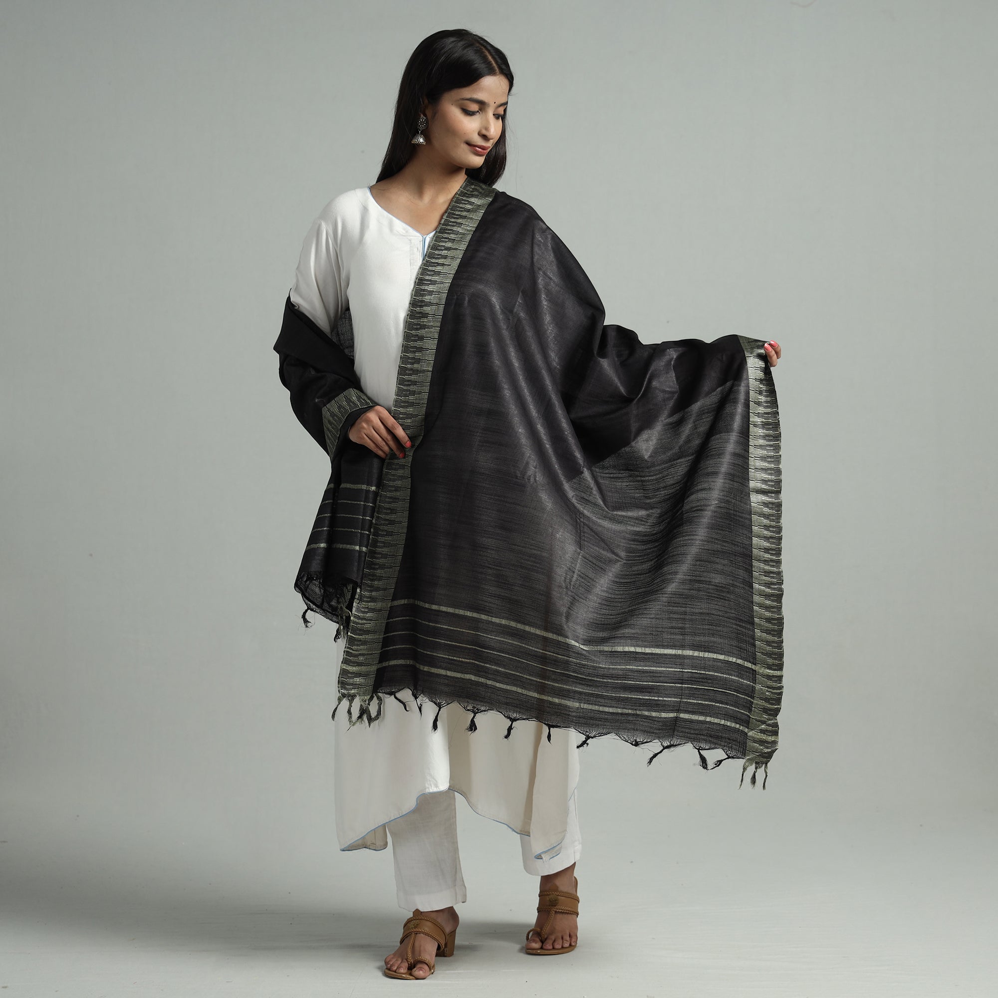 RUISA Black - Black Jamdani Buti Mulberry Silk Handloom Dupatta with Tassels 27 - view 2