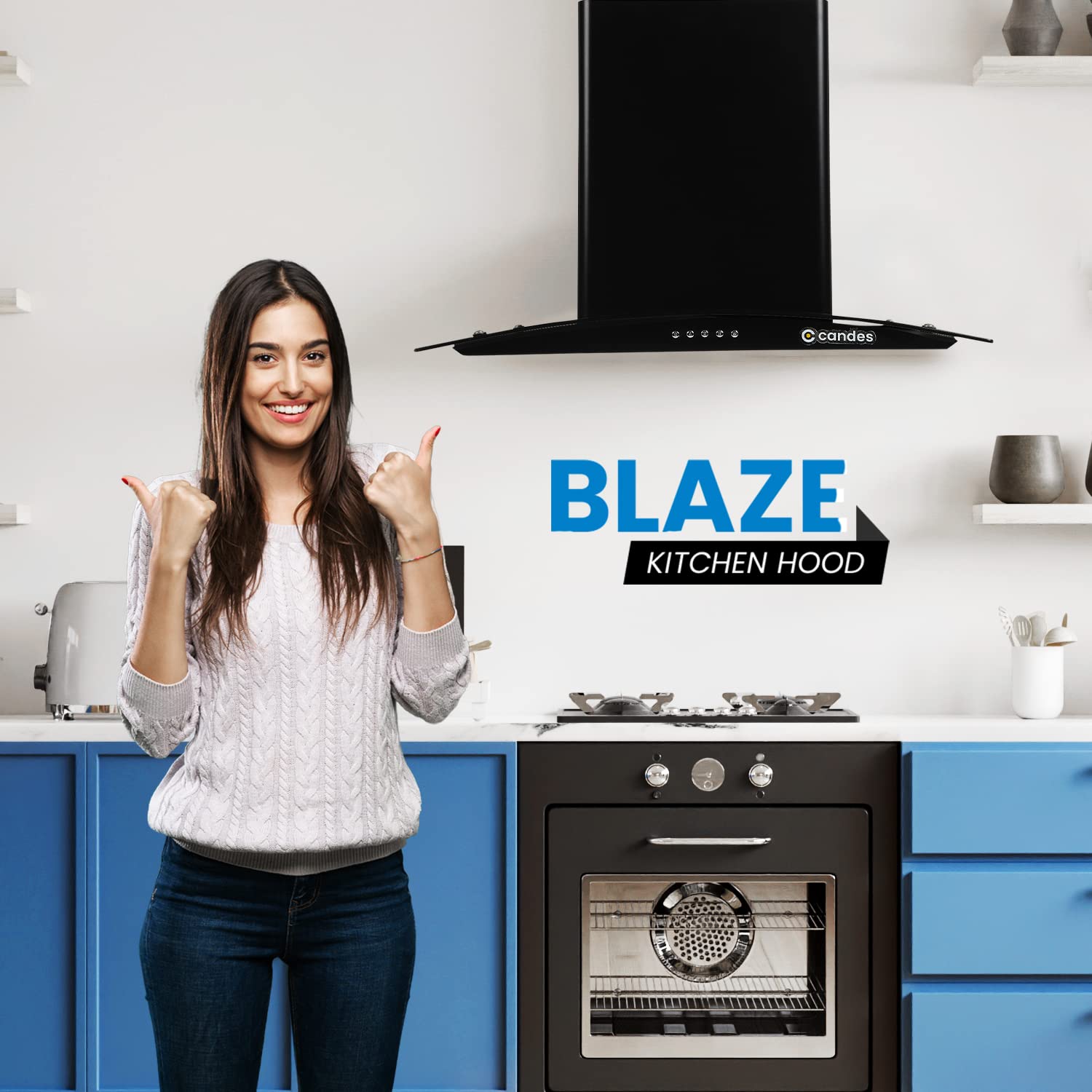 Candes Blaze Kitchen Chimney 60 Cms with Powerful 1100 m3/h Suction| Stainless Steel Baffle Filter | Curved Glass |Oil Collector |Anti-Fingerprint & B - view 2
