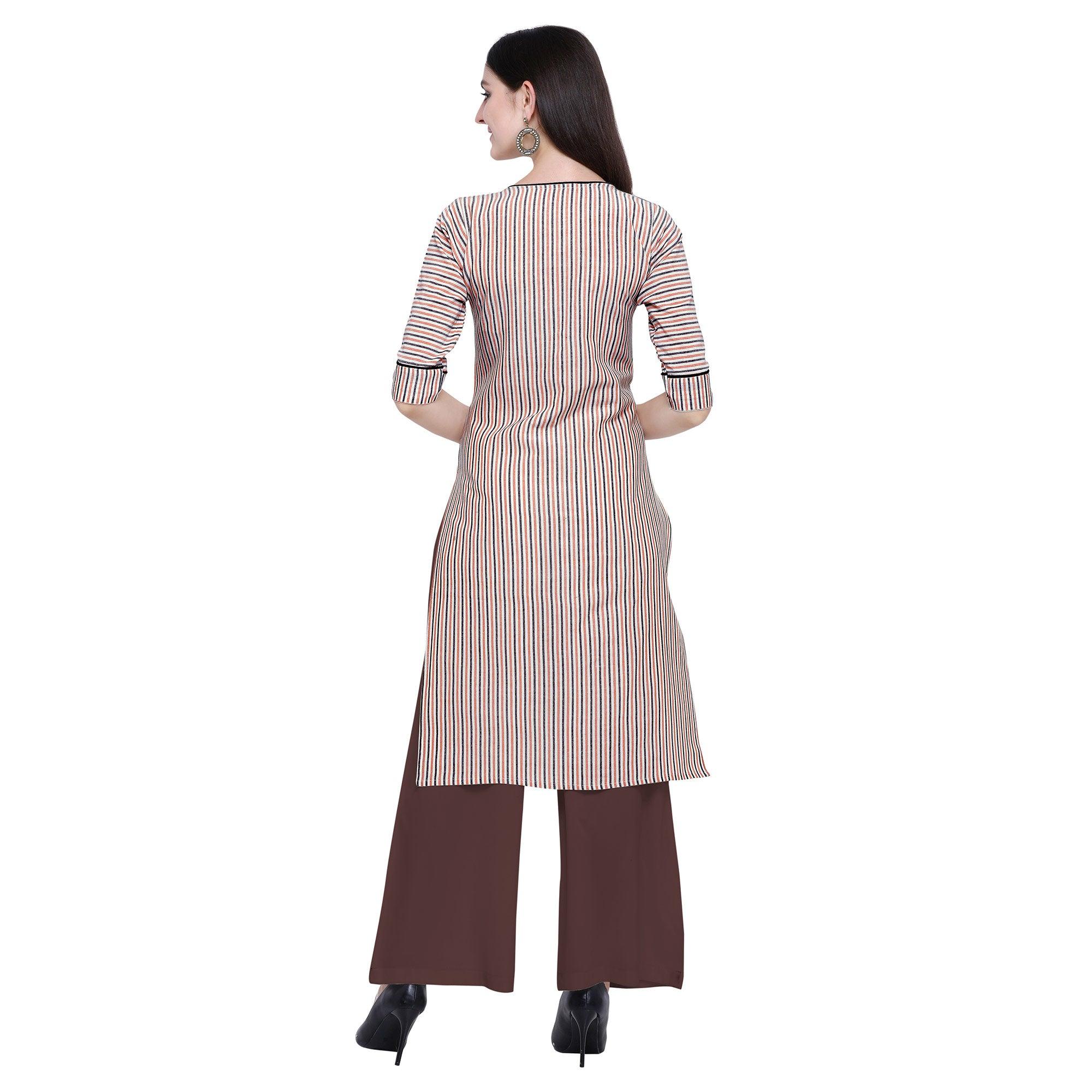 Peachmode Seller Desirable Off White Colored Casual Wear Embroidered Cotton Kurti-Palazzo Set - view 2