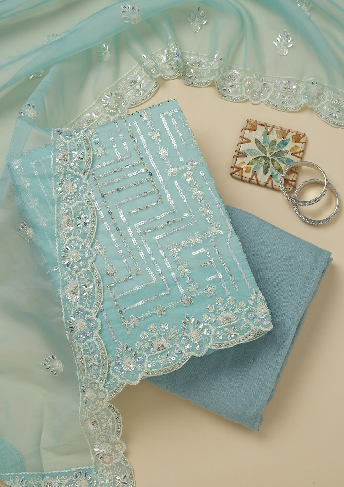 Koskii Sky Blue Sequins Organza Unstitched Salwar Suit