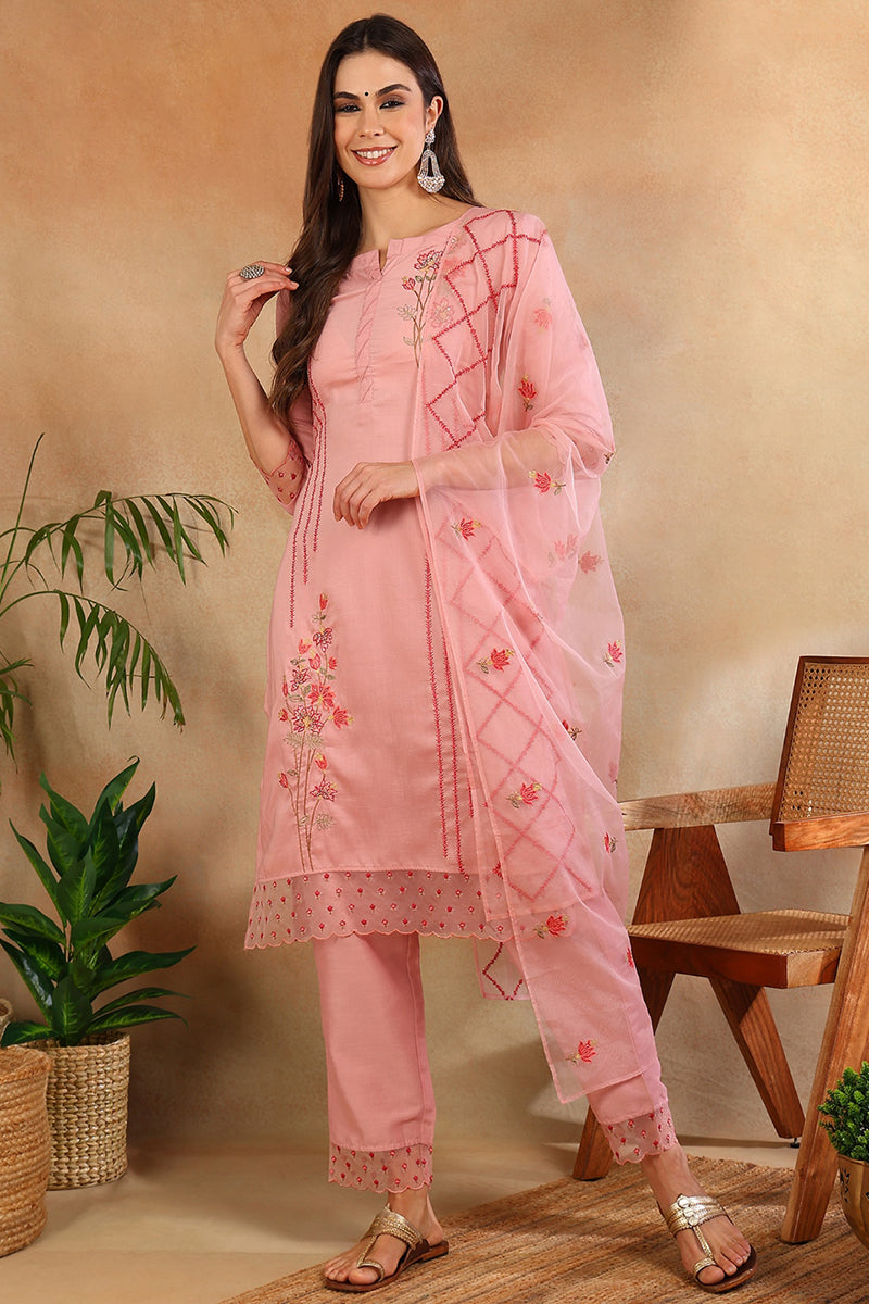 Ahika Pink Silk Blend Solid Embroidered Straight Trouser Suit Set PKSKD2631 - view 3
