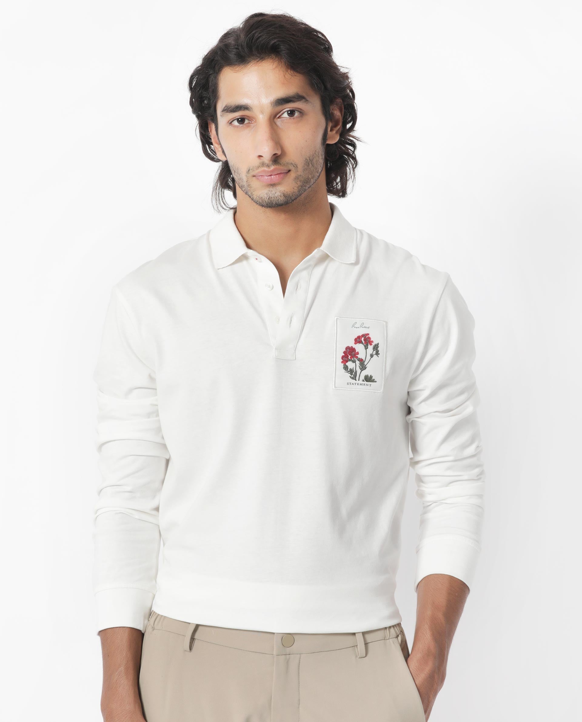 Rare Rabbit Men's Raz Off White Collared Neck Statement Chest Label Full Sleeve Polo T-Shirt - view 7