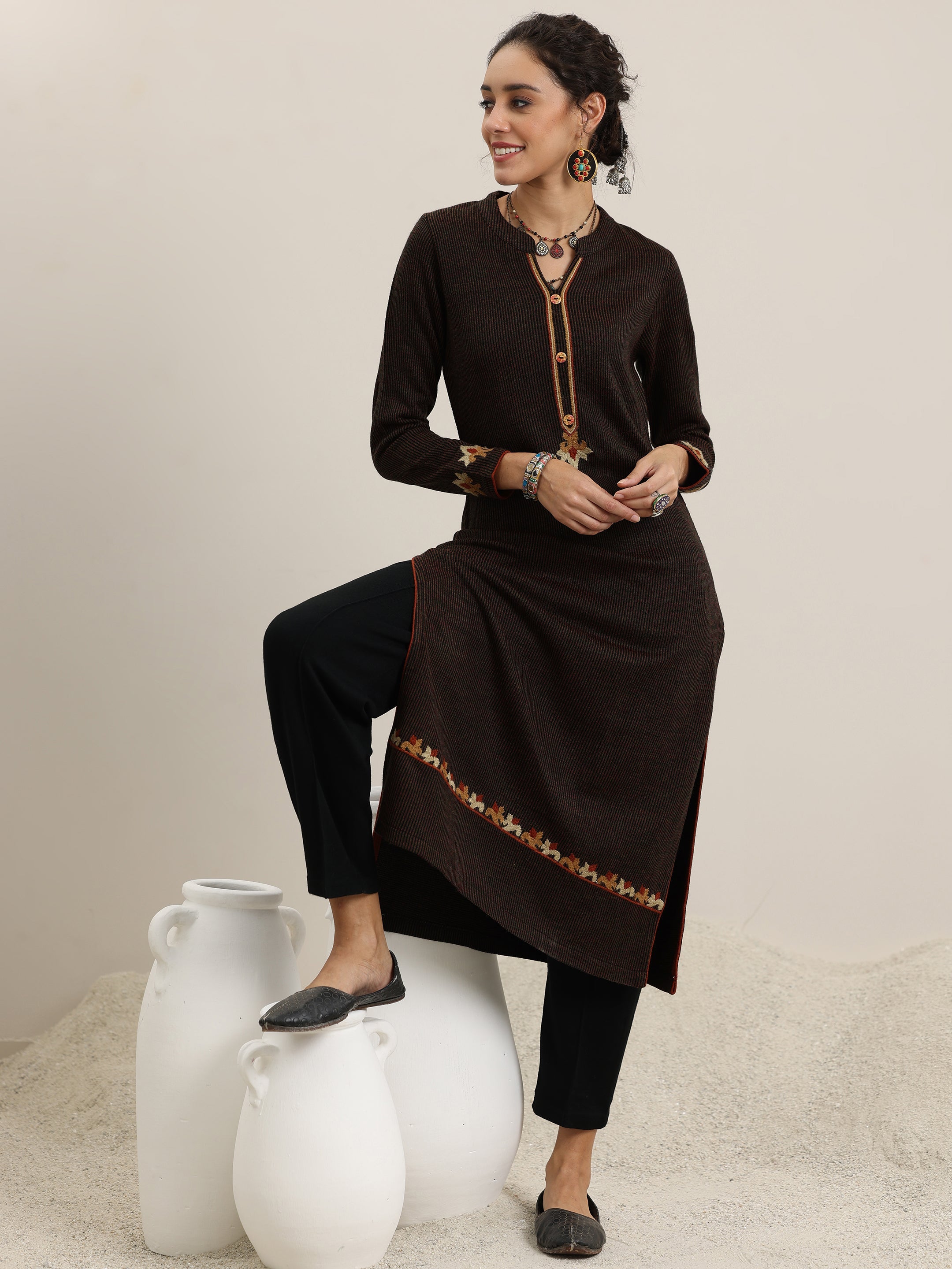 Libas Black Embroidered Wool Straight Kurta