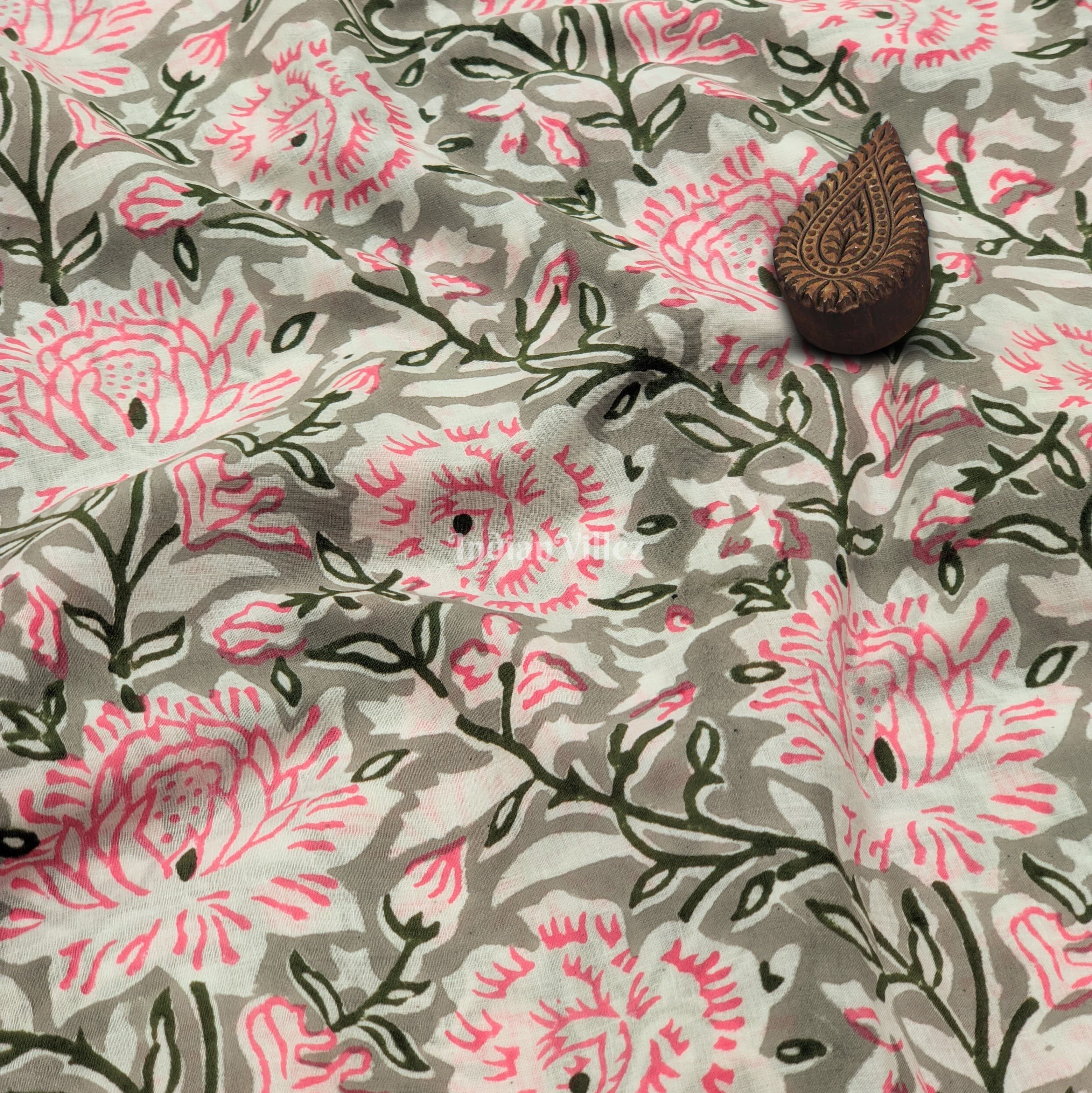 IndianVillèz Multicolour Floral Hand Block Printed Cotton Fabric