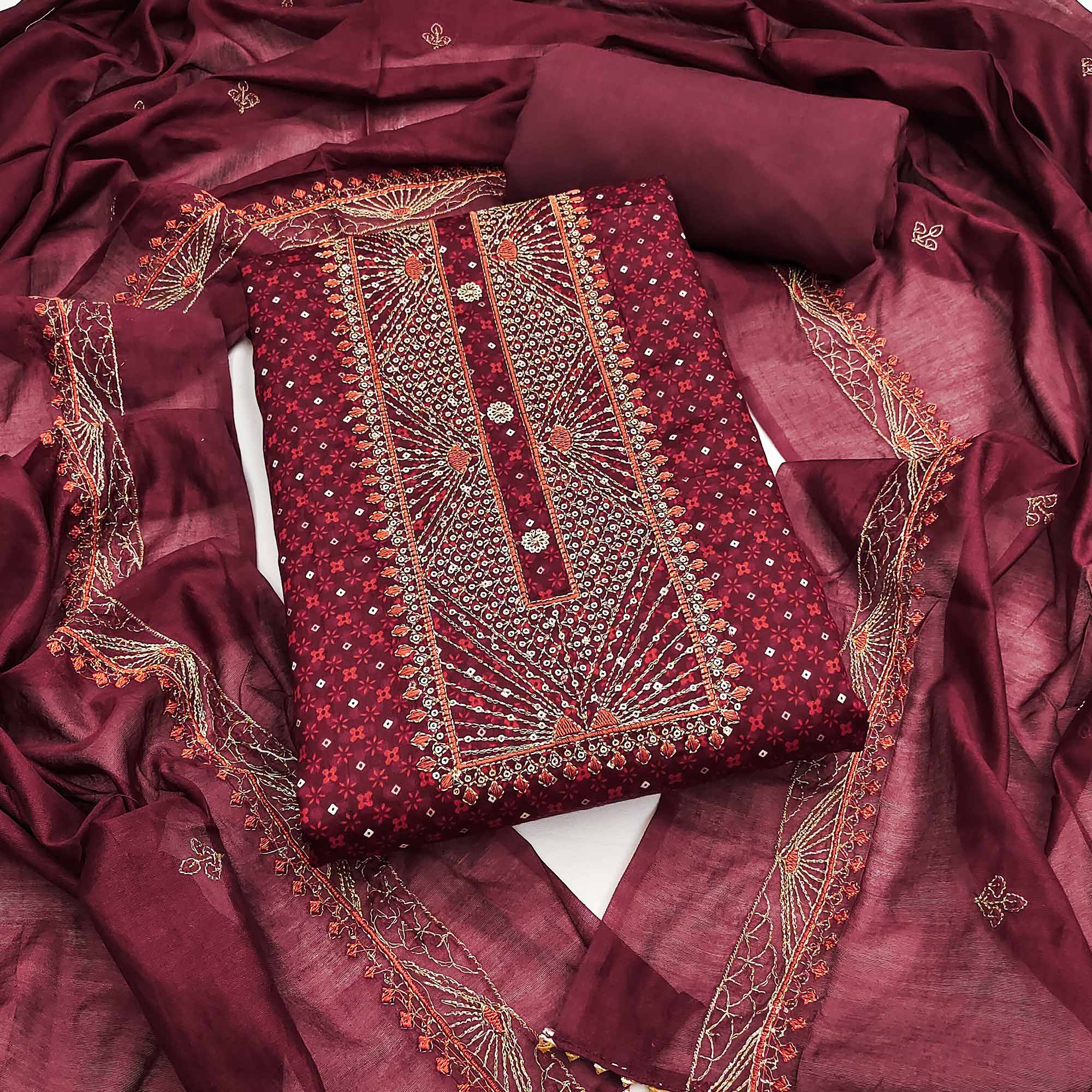 Peachmode Maroon Printed With Embroidered Satin Dress Material
