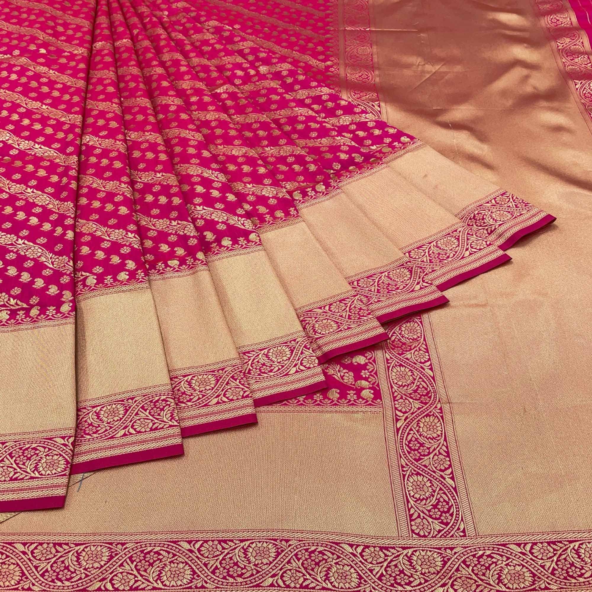 Peachmode Dark Pink Floral Zari Woven Art Silk Saree