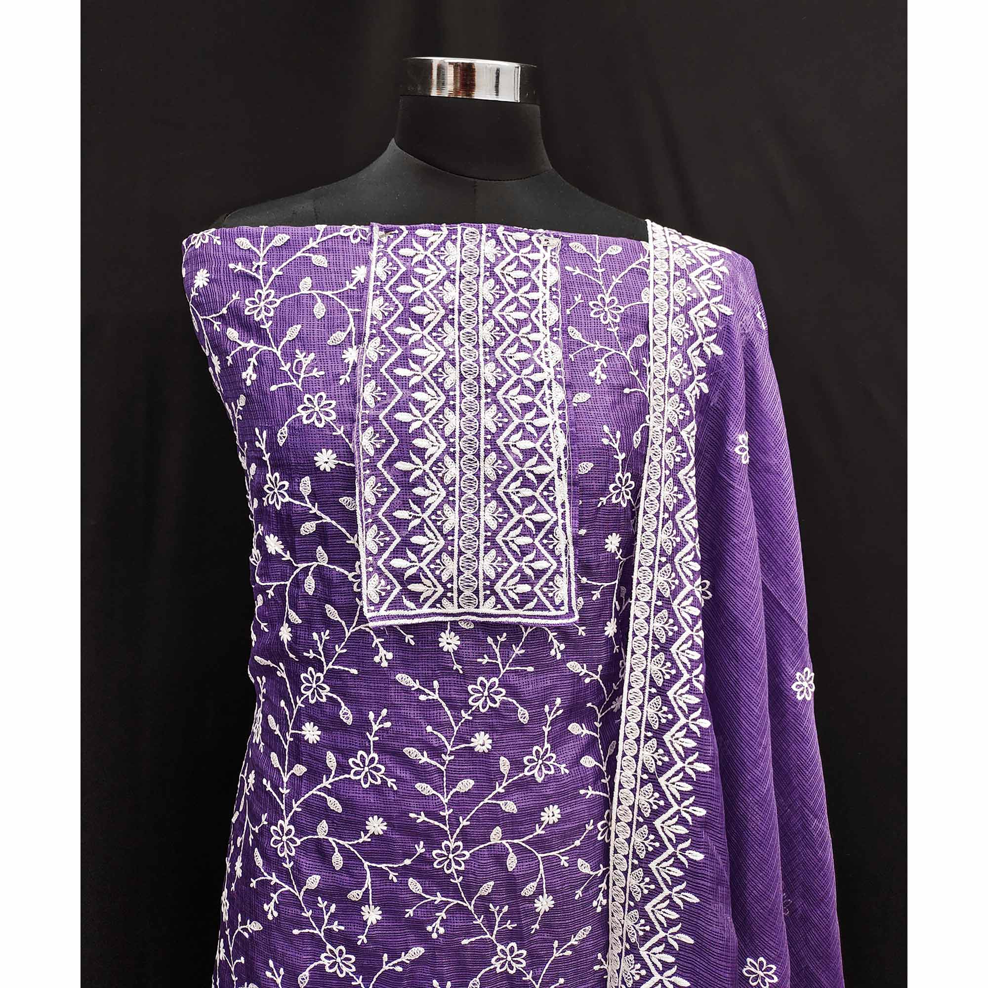 Peachmode Lavender Floral Embroidered Kota Doria Dress Material - view 4