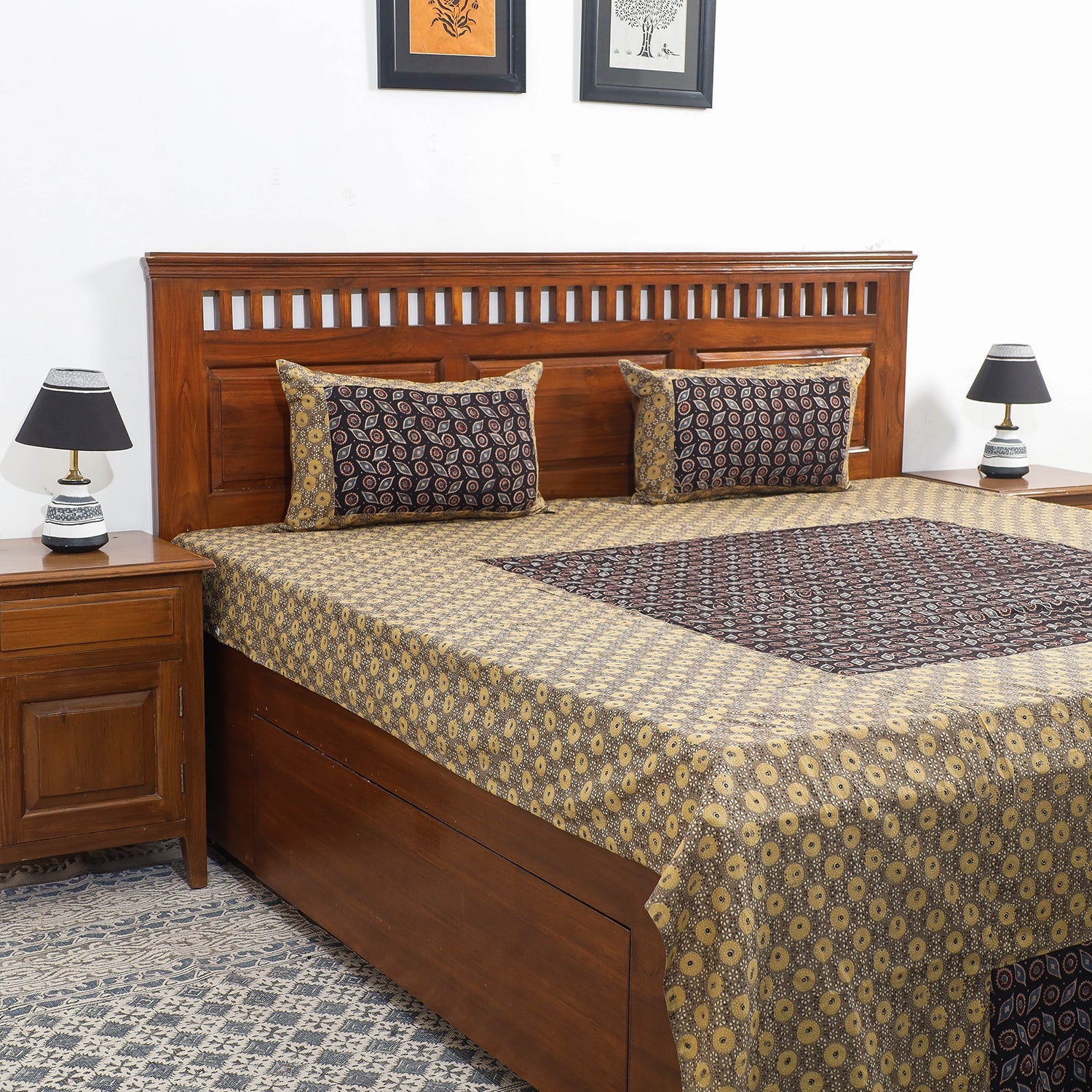 HAVELI CHRONICLES Brown - Ajrakh Patch Tukdi Kaam Cotton Double Bed Cover with Pillow Covers (109 x 86 in)