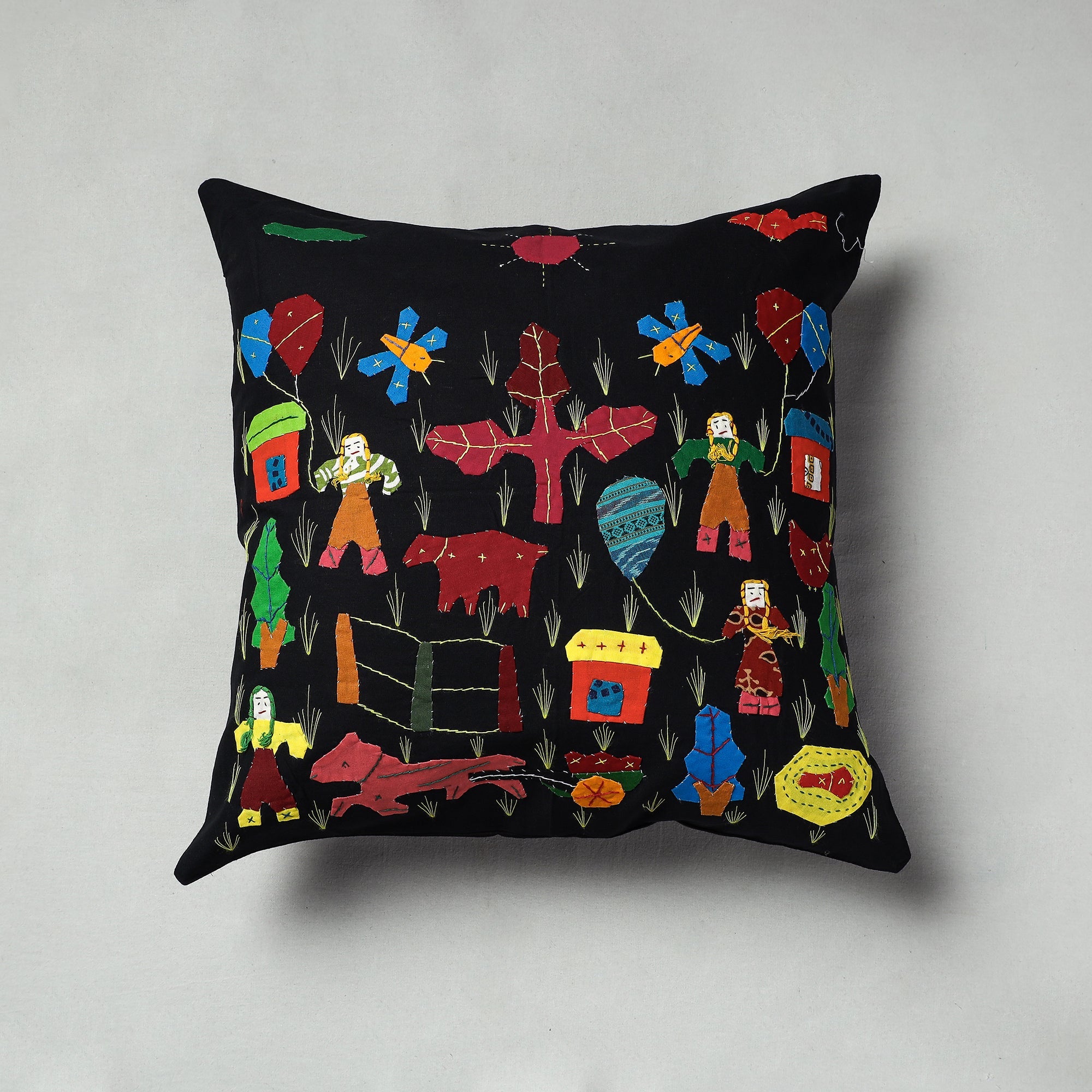 ASHOKA ASSEMBLE - CELEBRATING CRAFTS OF ODISHA Black - Pipli Applique Work Cotton Cushion Cover (16 x 16 in)