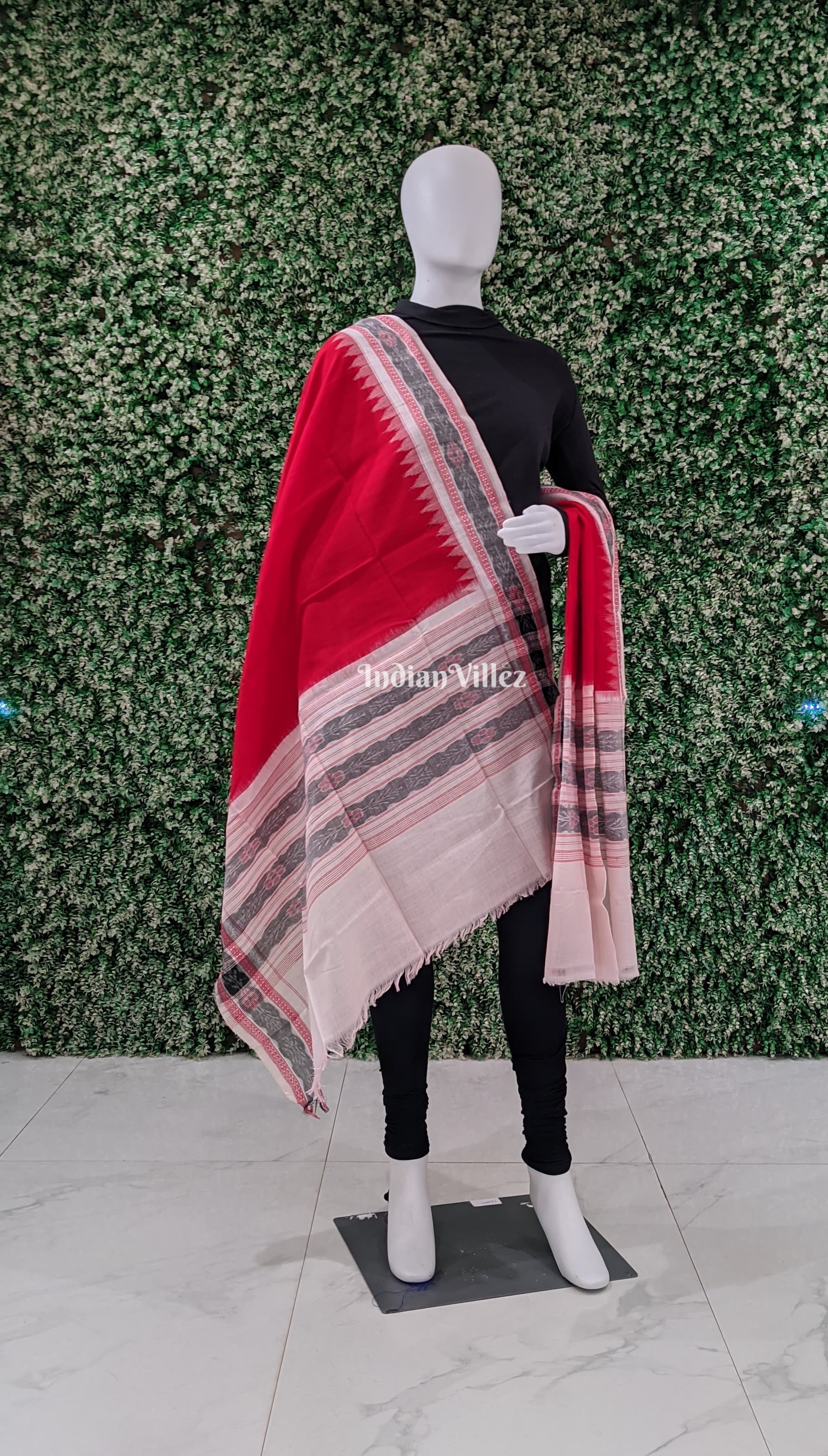 IndianVillèz Red White Handwoven Odisha Ikat Cotton Dupatta