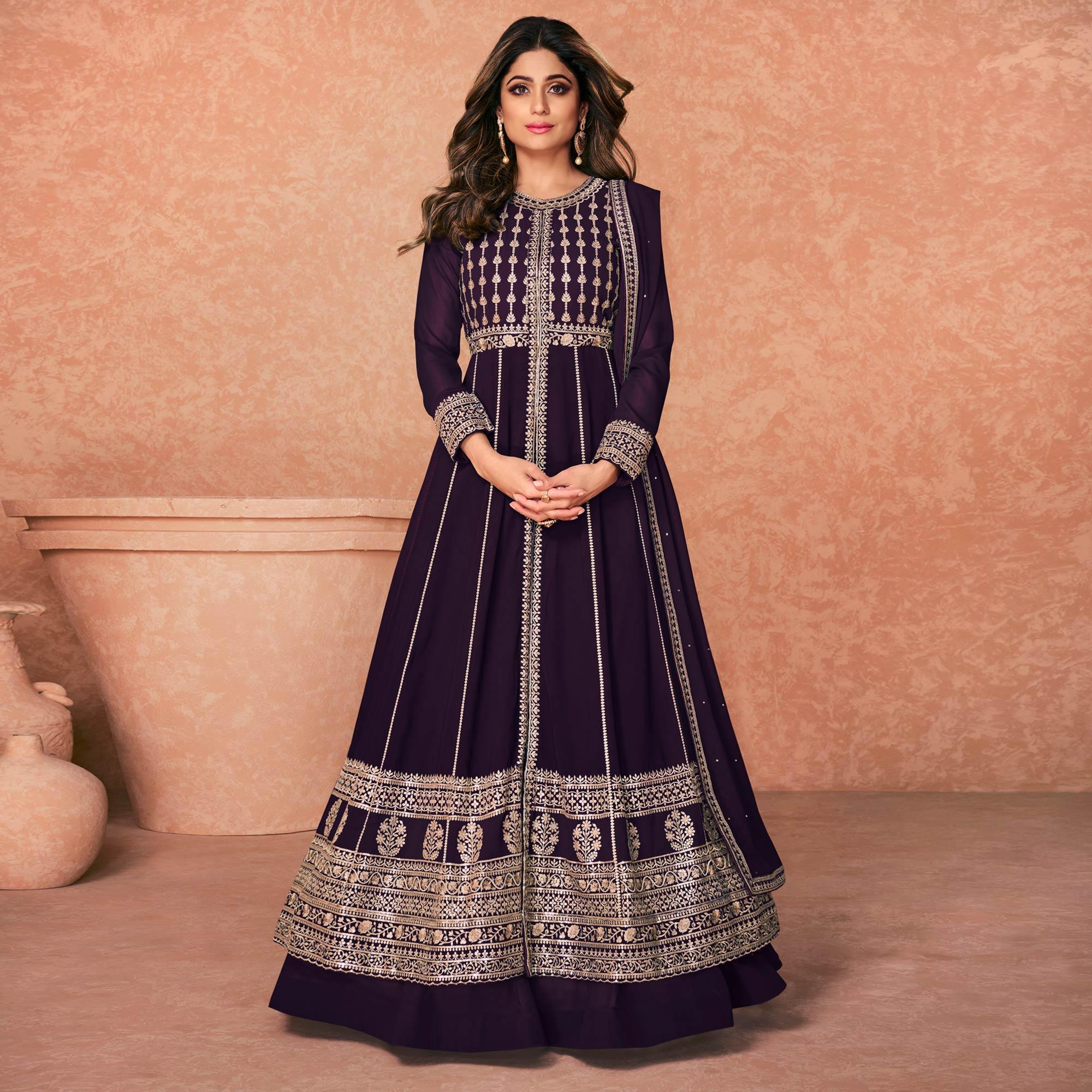 Peachmode Seller Dark Purple Embroidered Georgette Anarkali Style Gown - view 2