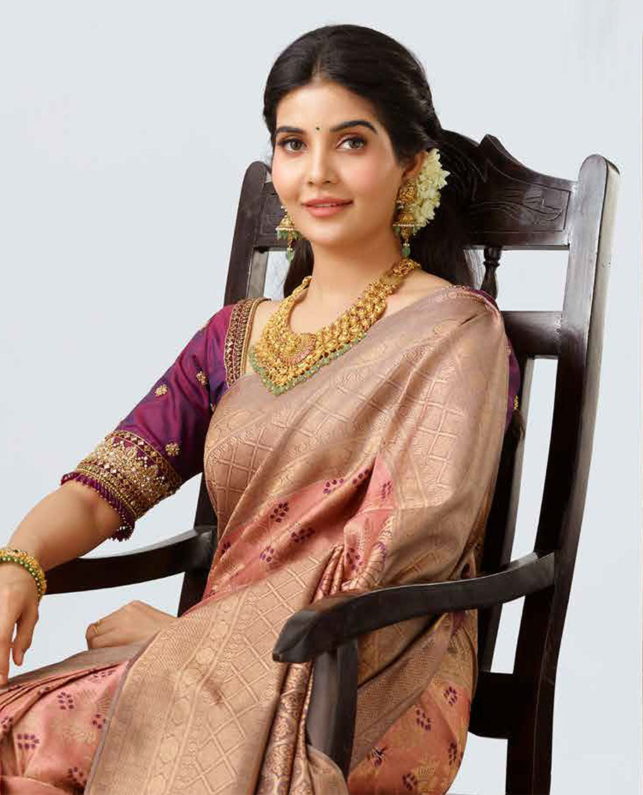 TheShoppothys Lite onion pink jacquard kancheepuram wedding silk saree, contrast intricate zari border & pallu of ogee pattern - view 2