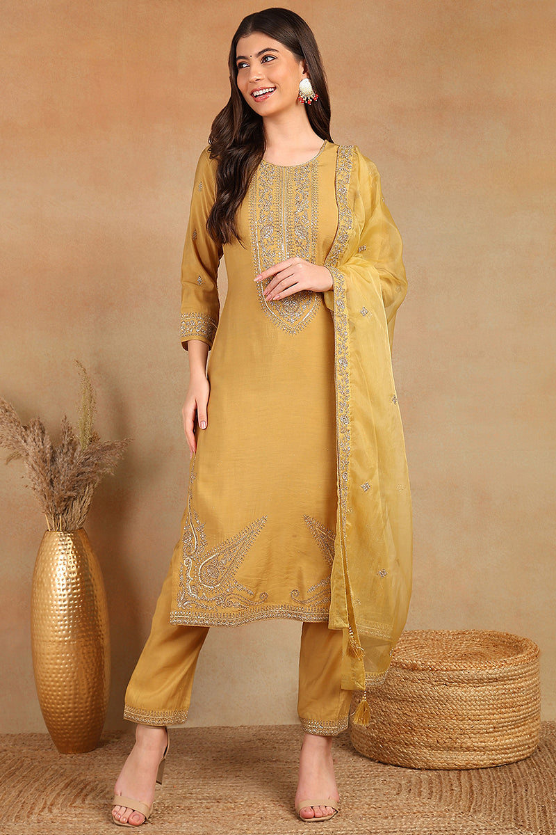 Ahika Golden Yellow Silk Blend Solid Embroidered Straight Trouser Bottom Suit Set PKSKD2520YLW - view 3