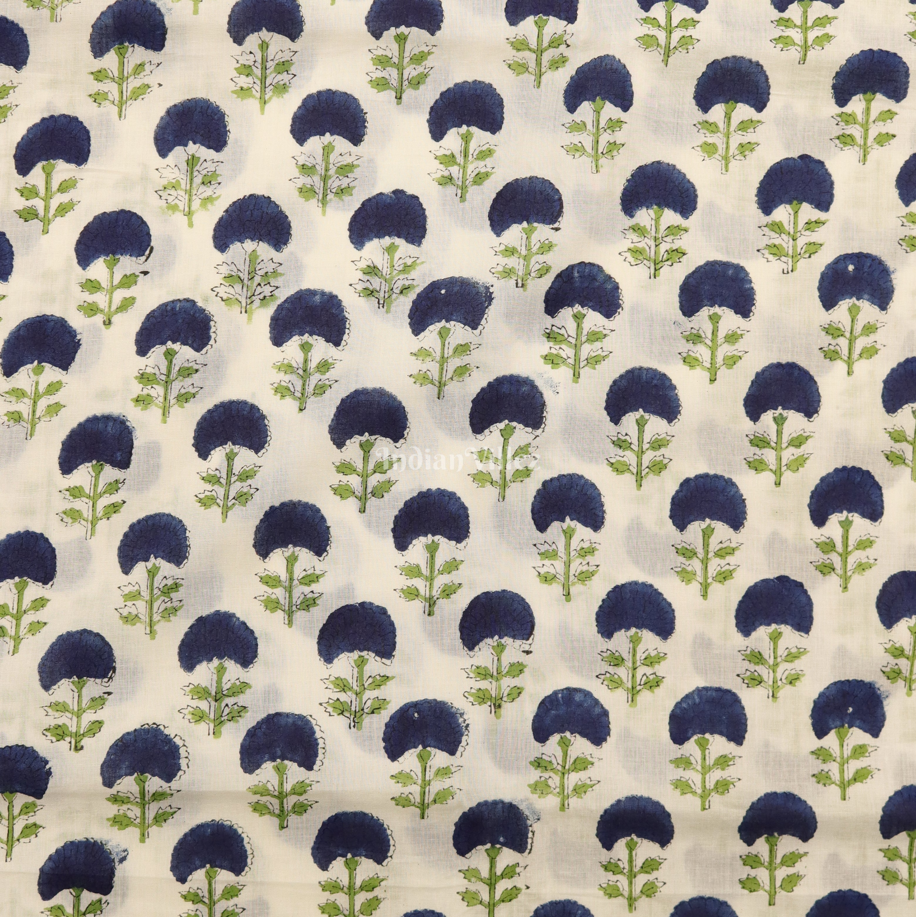 IndianVillèz White Blue Flower Motif Hand Block Printed Cotton Fabric - view 2