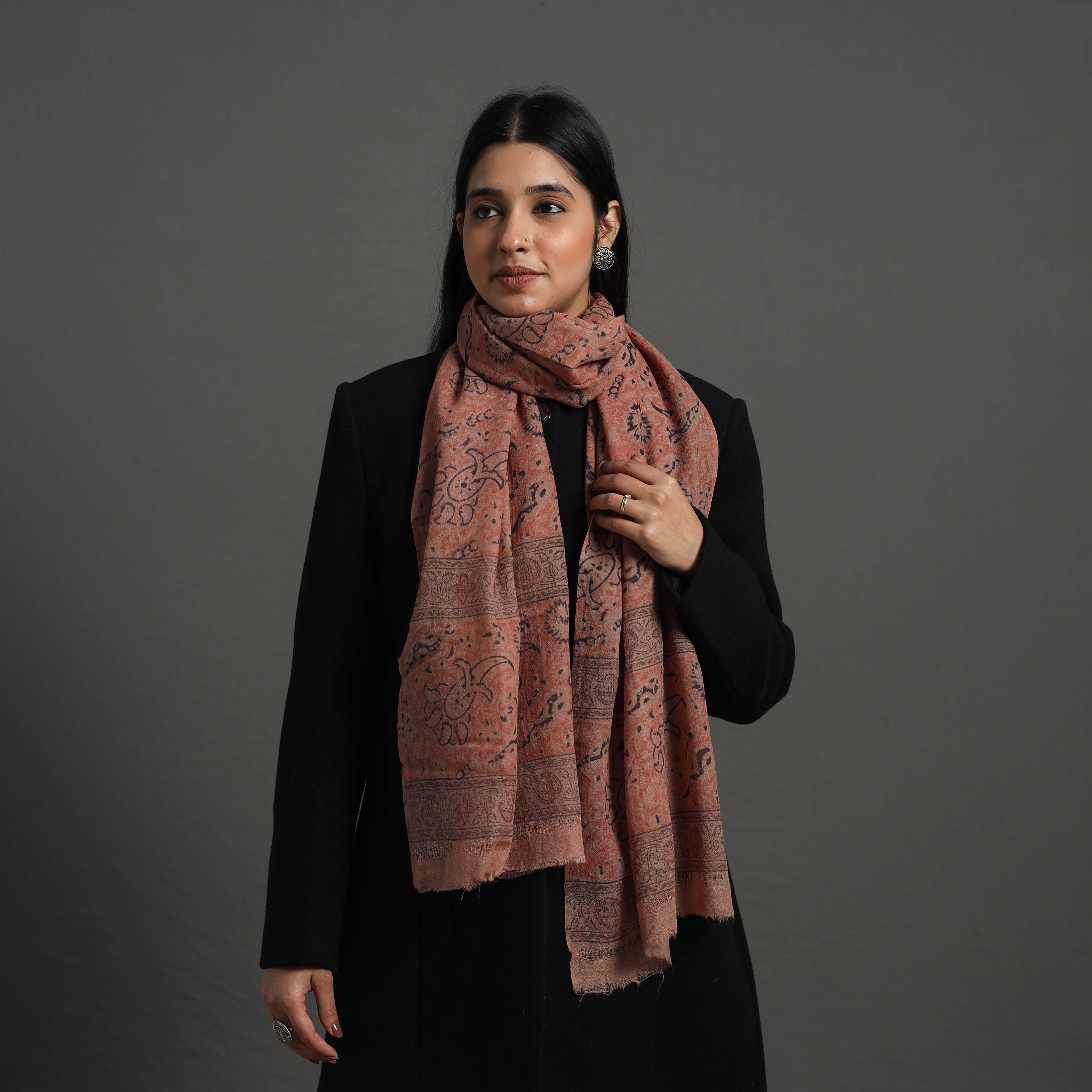PITCHUKA SRINIVAS KALAMKARI PEDANA Brown - Block Print Pedana Kalamkari Wool Stole 22 - view 2