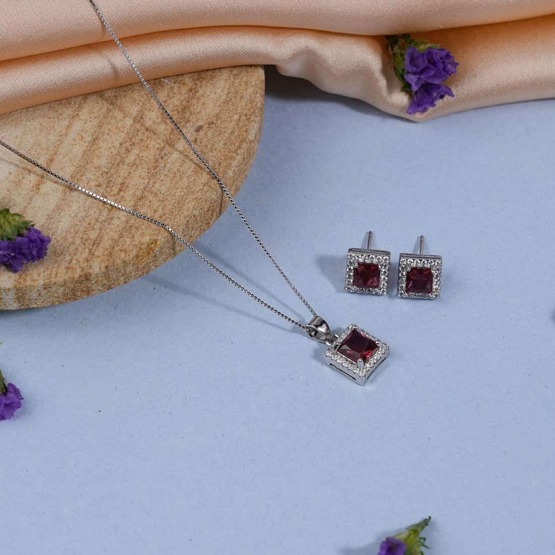 Prinjal Jewellers Real Silver Set Chain Pendant and Earrings with Red Stones for Women - view 2