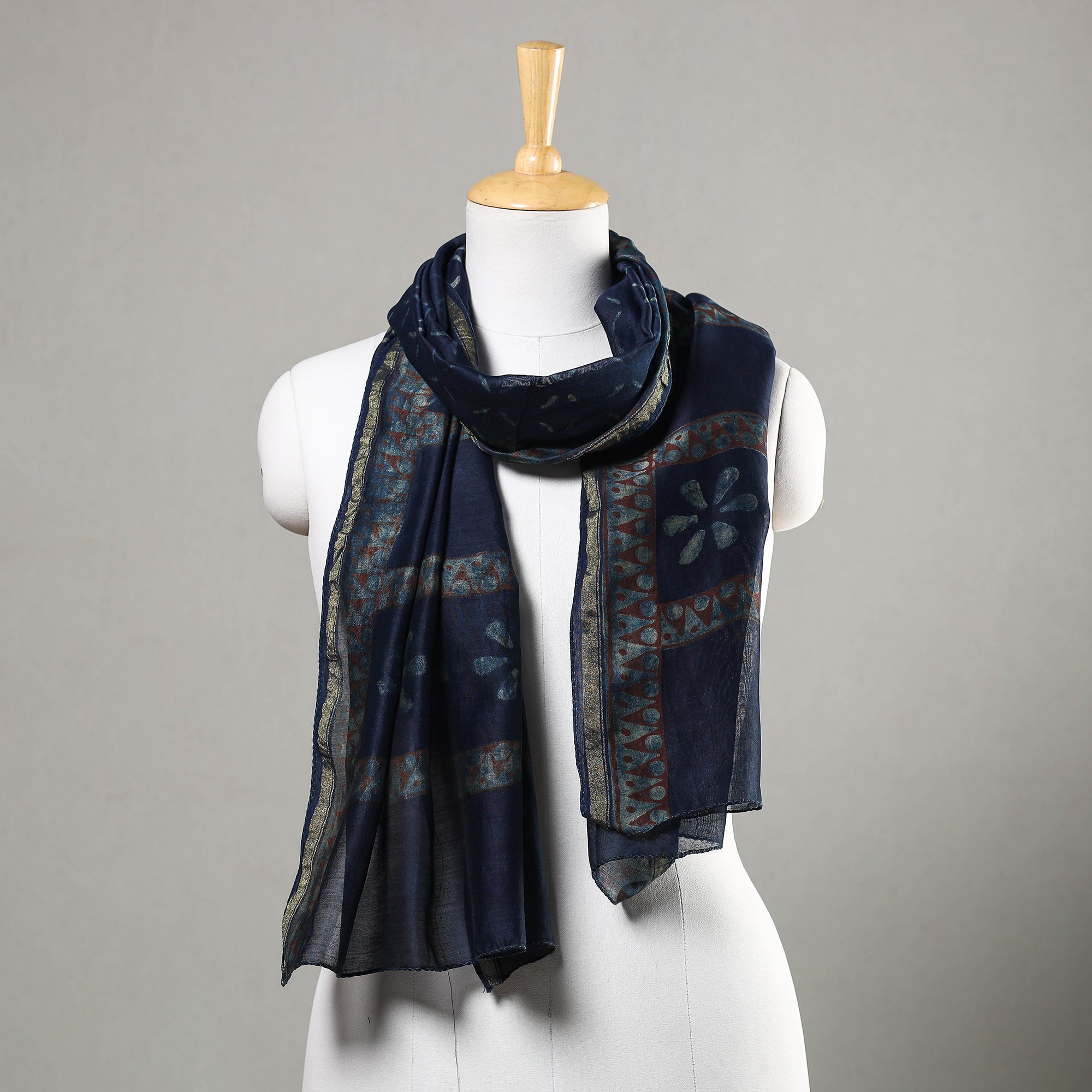 HAVELI CHRONICLES Blue - Akola Block Printed Chanderi Silk Handloom Stole with Zari Border