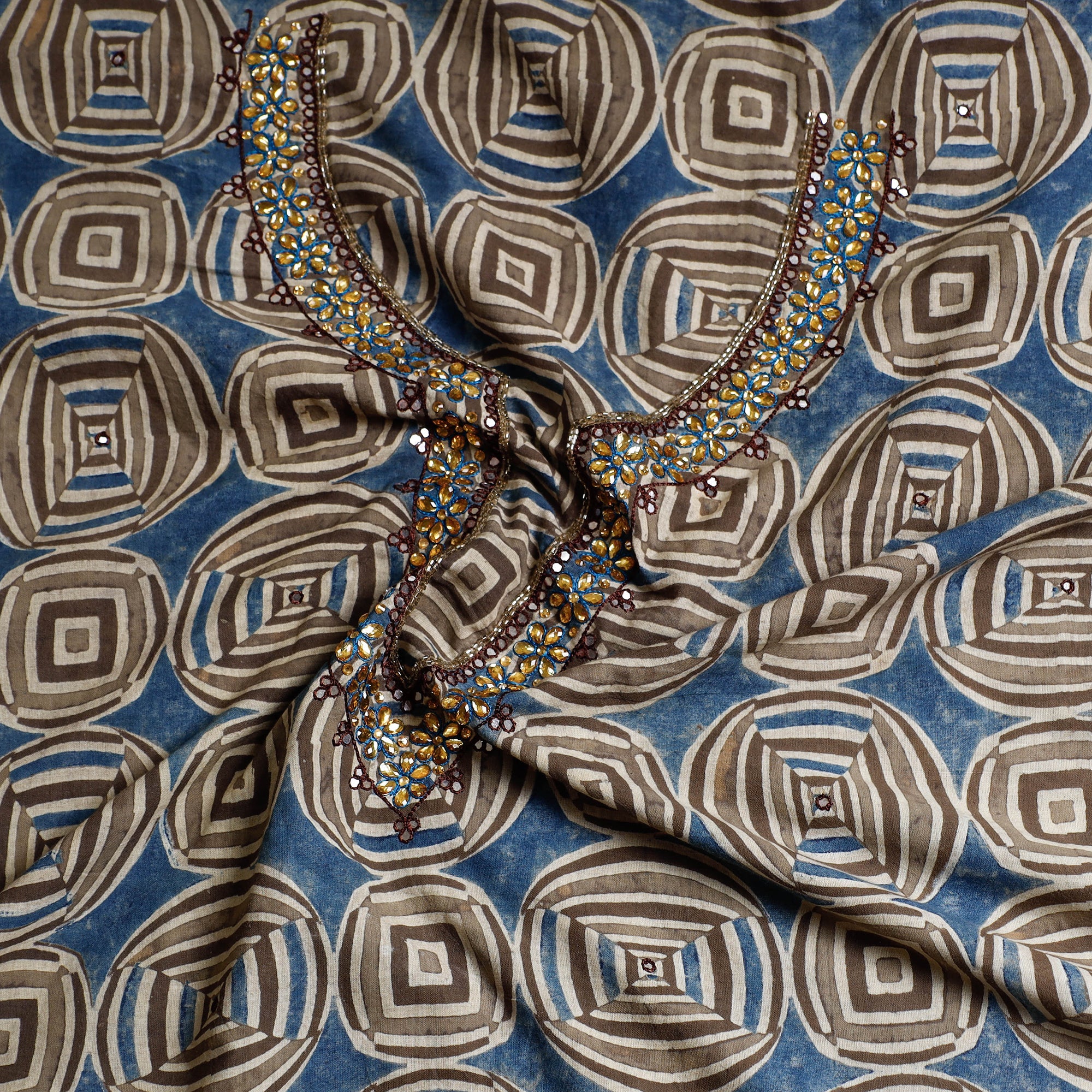 NOORI BAZAR Blue - Bead Work Embroidery Ajrakh Print Cotton Kurta Material - 2.5 meters - view 2