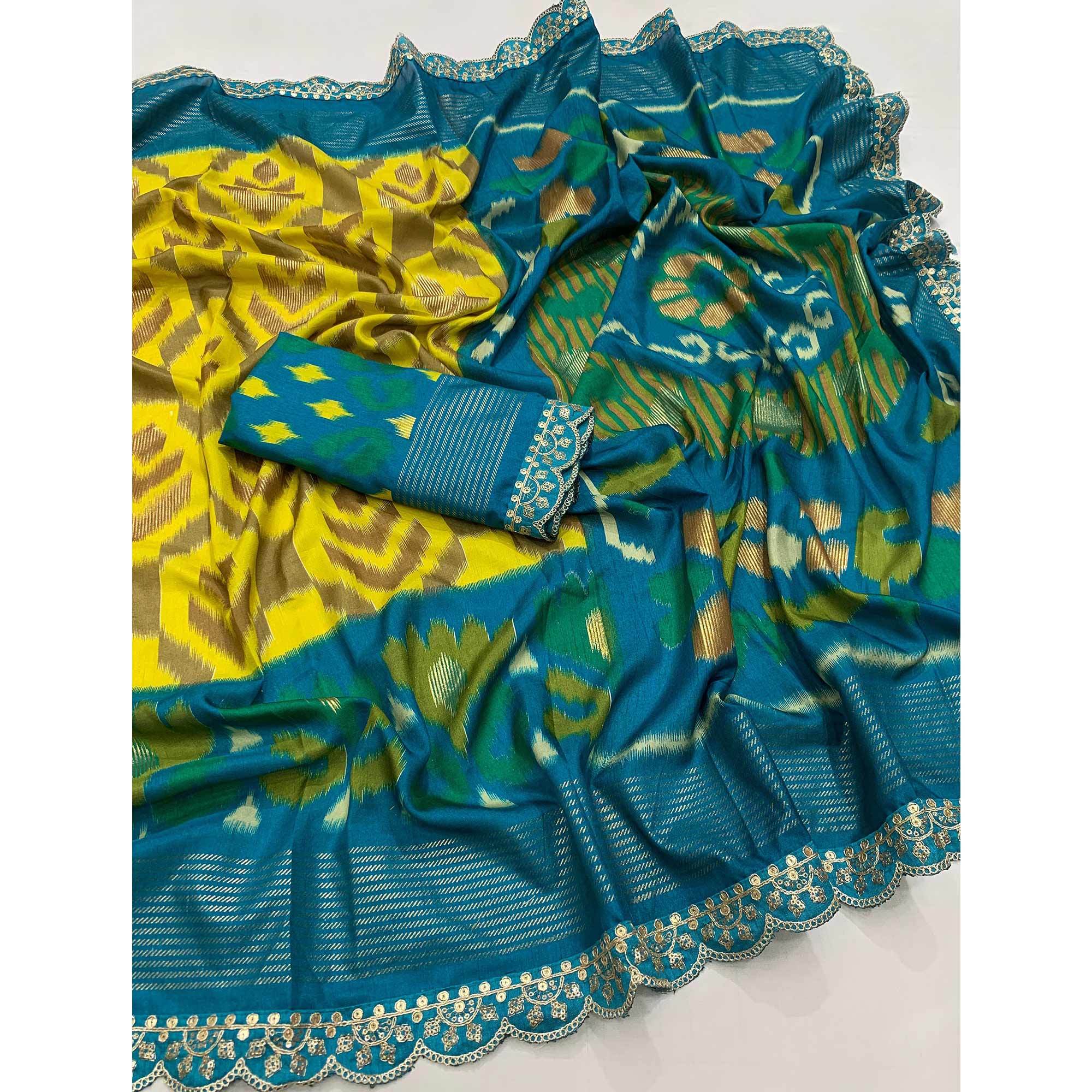 Peachmode Lemon Yellow Ikkat Printed Dola Silk Saree With Sequins Embroidery Border - view 3
