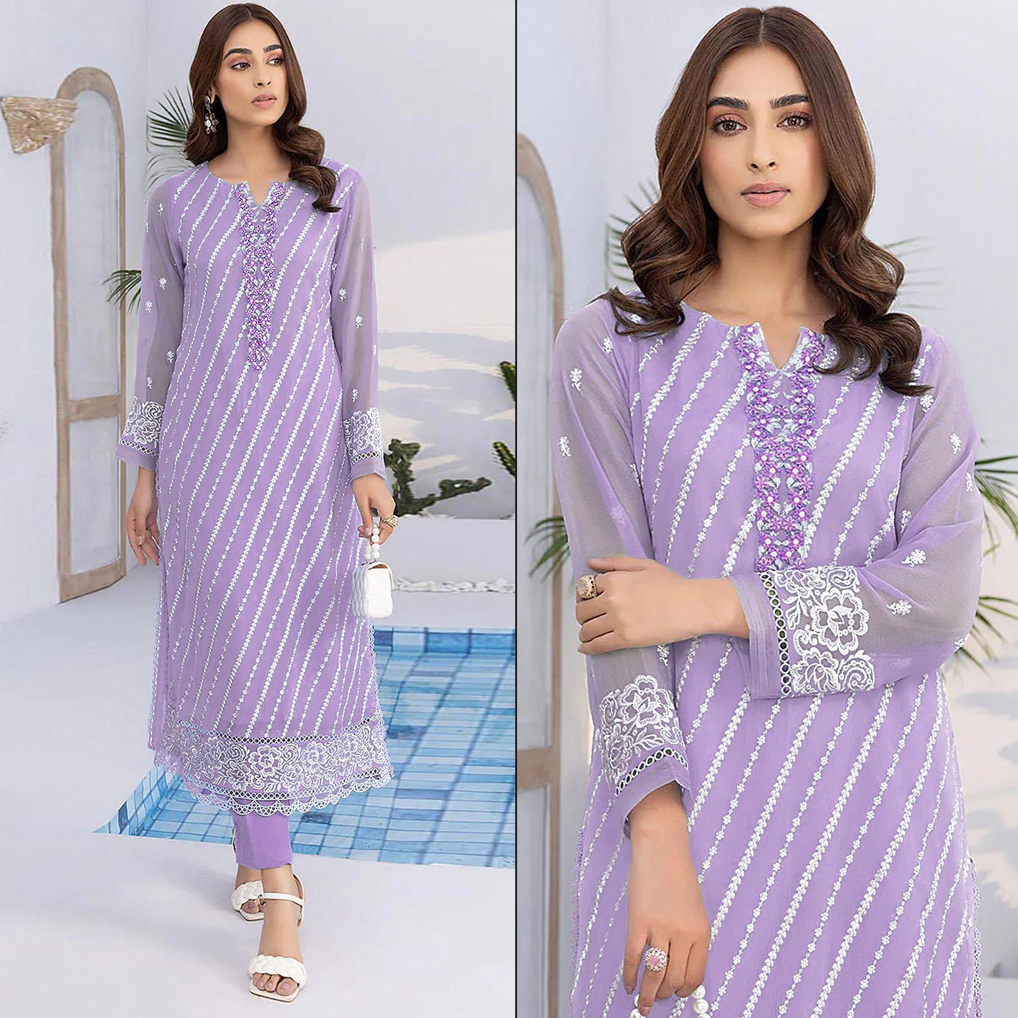 Peachmode Light Purple Floral Embroidered Georgette Semi Stitched Suit