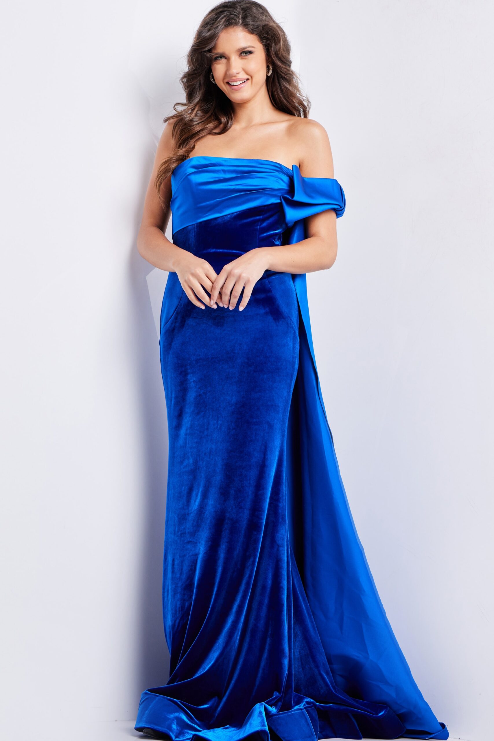 Velvet Fitted Off Shoulder Gown by Jovani 37390 - view 4