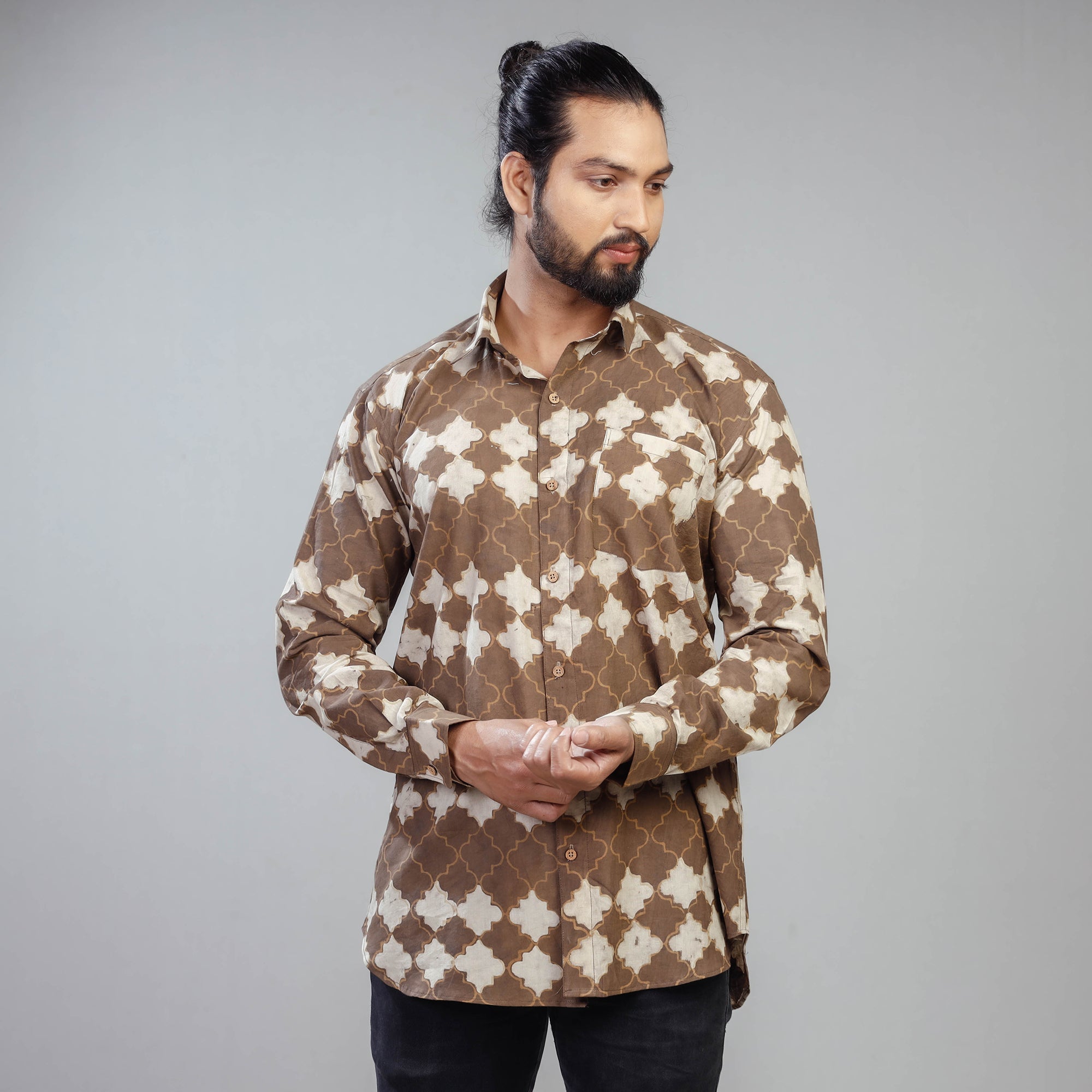 ITOKRI CASUALS Brown - Akola Block Printing Cotton Men Full Sleeve Shirt