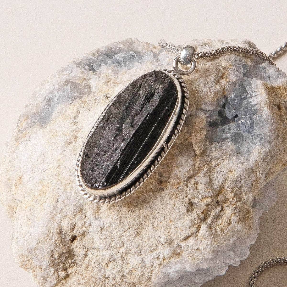 Tiny Rituals Vintage Raw Black Tourmaline Oval Silver Pendant
