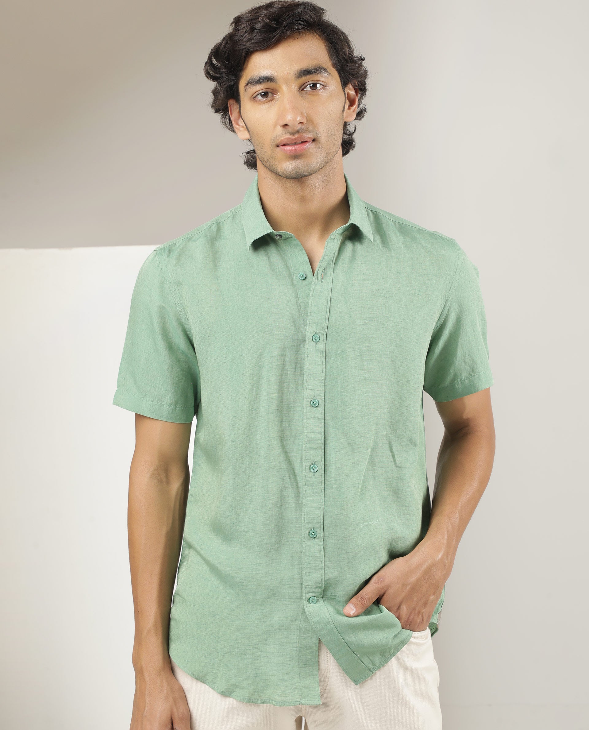 Rare Rabbit Men's Mik Light Green Modal Linen Fabric Half Sleeves Solid Shirt - view 5