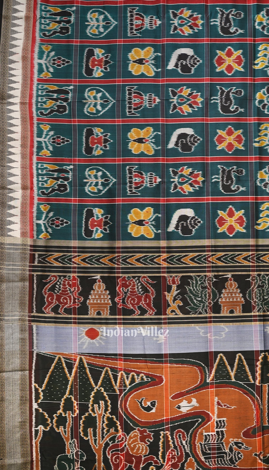 IndianVillèz Deep Sea Green Nabakothi Odisha Ikat Khandua Pata Saree - view 2