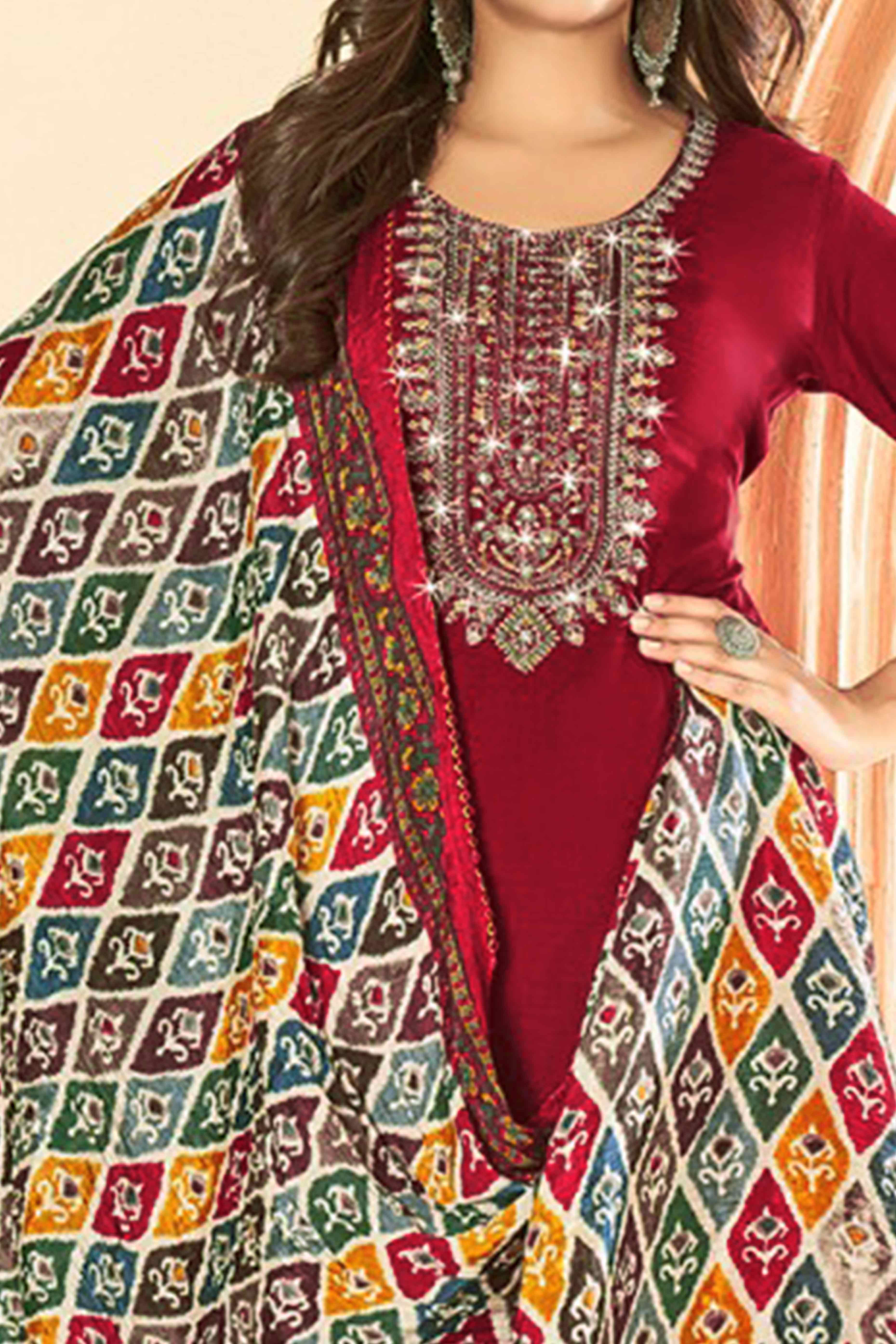 Peachmode Maroon Embroidery With Diamond Rayon Dress Material - view 2