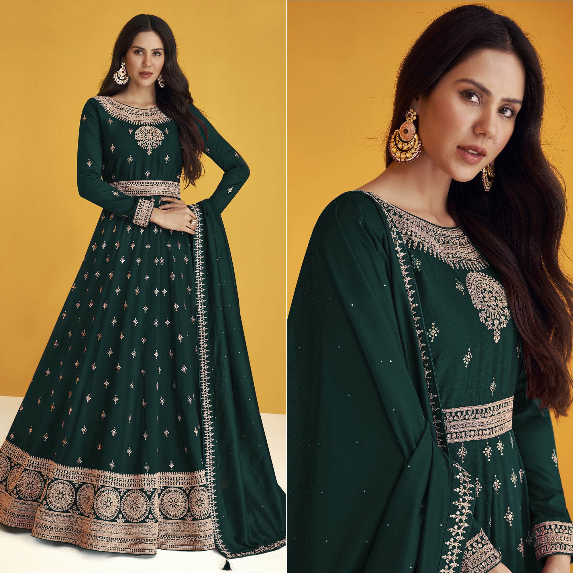 Peachmode Dark Green Sequins Embroidered Georgette Semi Stitched Anarkali Suit