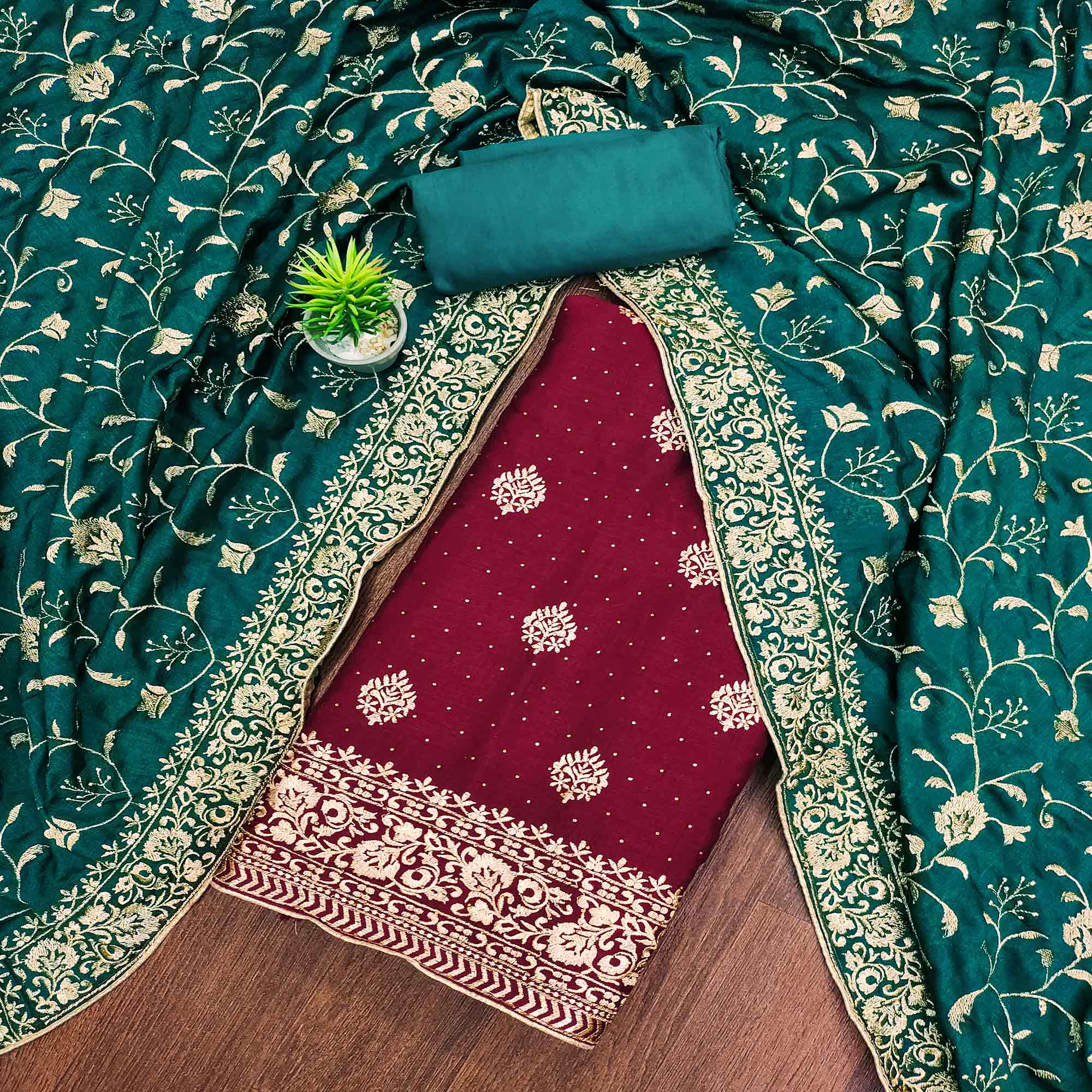 Peachmode Maroon Floral Embroidered Chinon Dress Material
