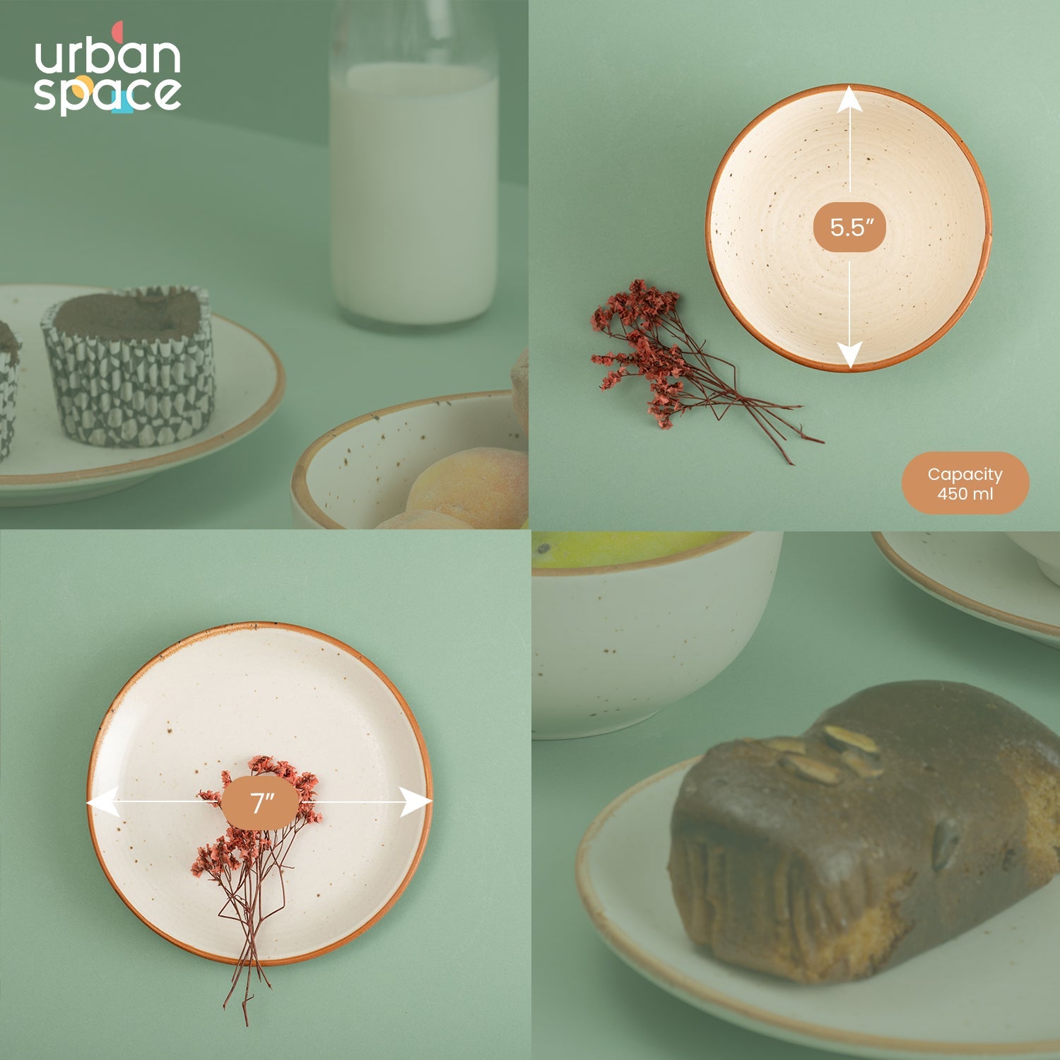 Urban Space Home Furnishing Handmade Ceramic Snack Platter, set of 2 serving bowls and 4 Quarter plates for house parties, Set of 6, Natural Beige - view 4