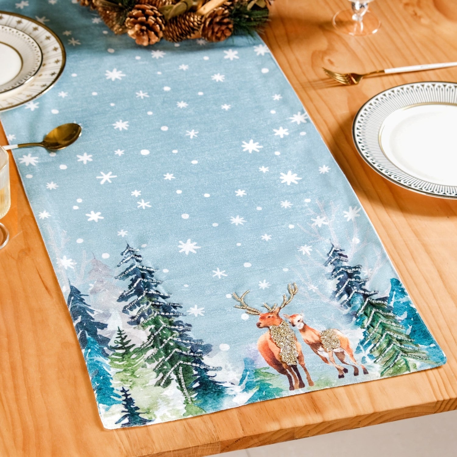 Nestasia Stag And Doe In Snow Print Embellished Dining Table Runner - view 6