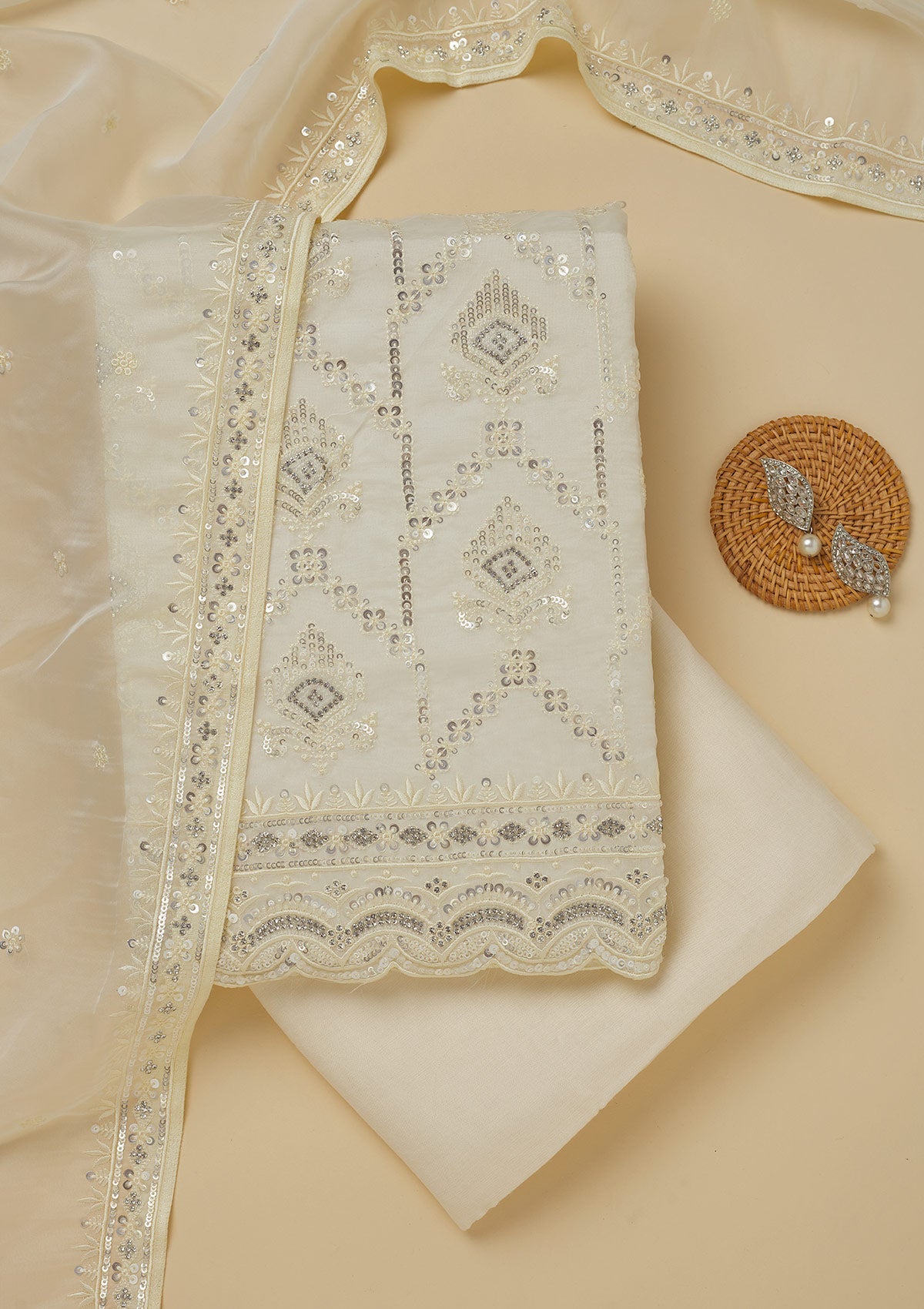 Koskii White Zariwork Tissue Unstitched Salwar Suit
