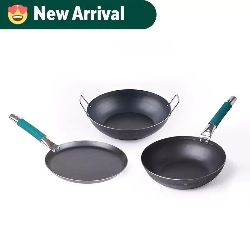 The Indus Valley 100% Pure Iron Cookware Set: Tawa 26 cm + Fry Pan 25 cm + Kadai 25 cm, Toxin-free Sheet Iron, Pre-seasoned, Kitchen Set for Home