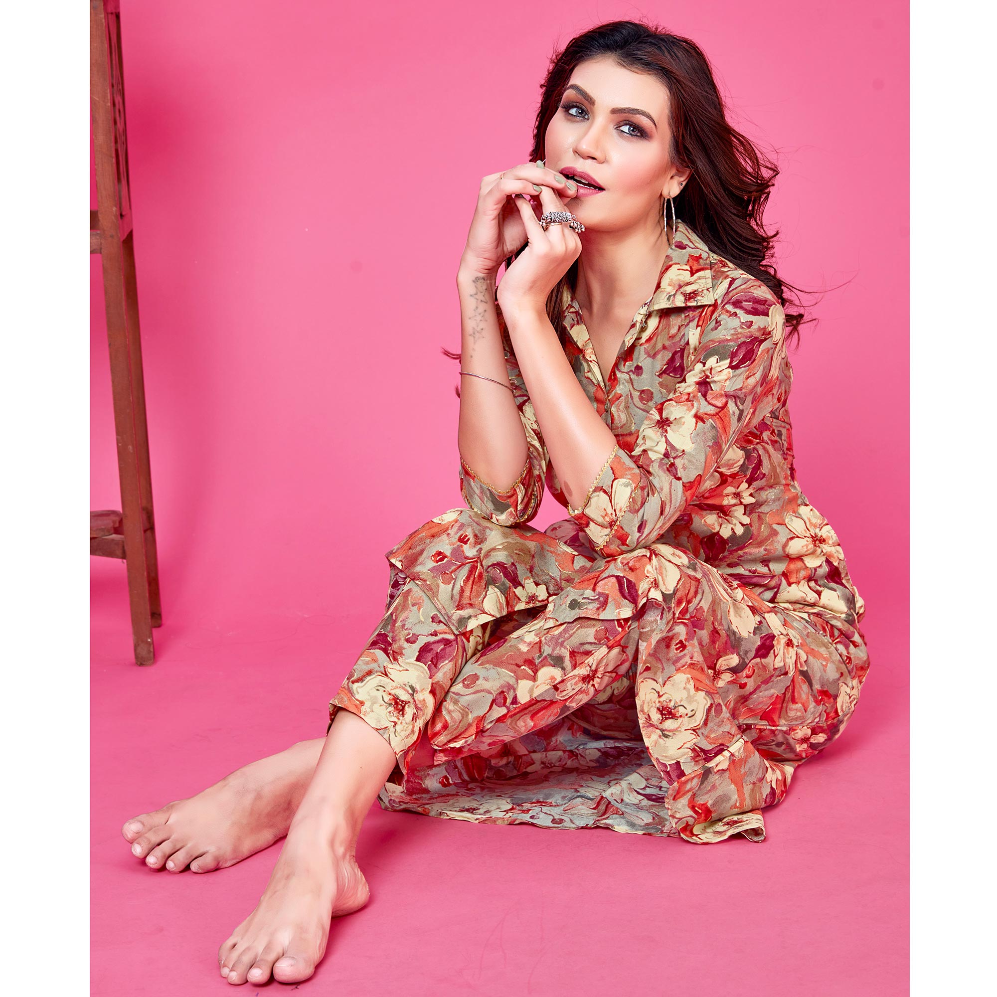 BlackTree red-floral-foil-printed-rayon-co-ord-set - view 3