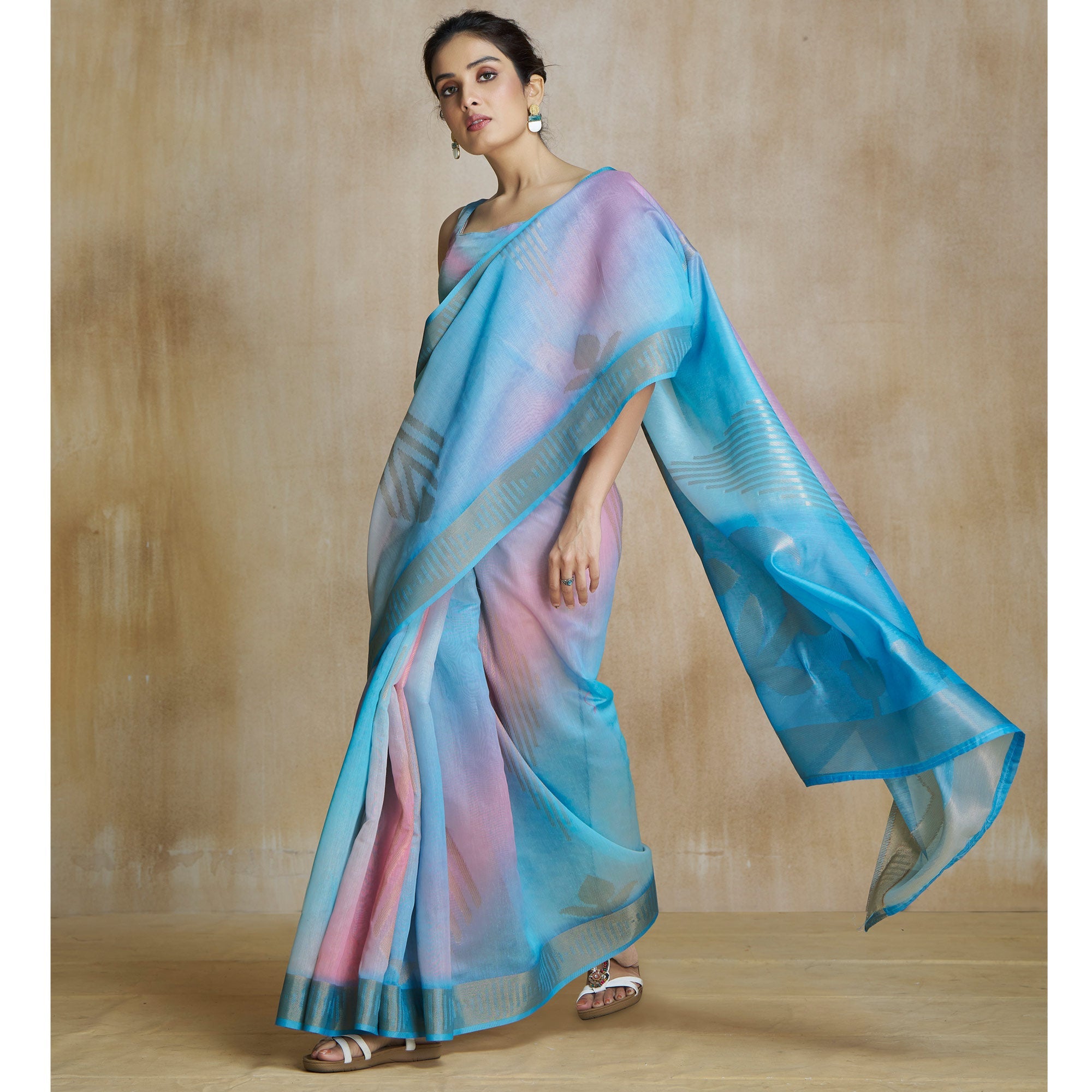 Peachmode Blue Digital Printed With Woven Pure Silk Ombre Saree - view 4