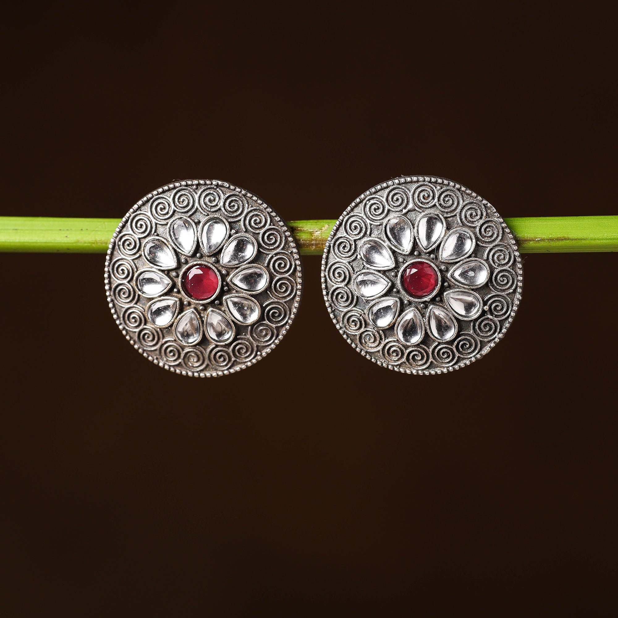 WHITE RIVER STORIES Antique Silver Finish Oxidised Brass Base Stone Work Stud Earrings