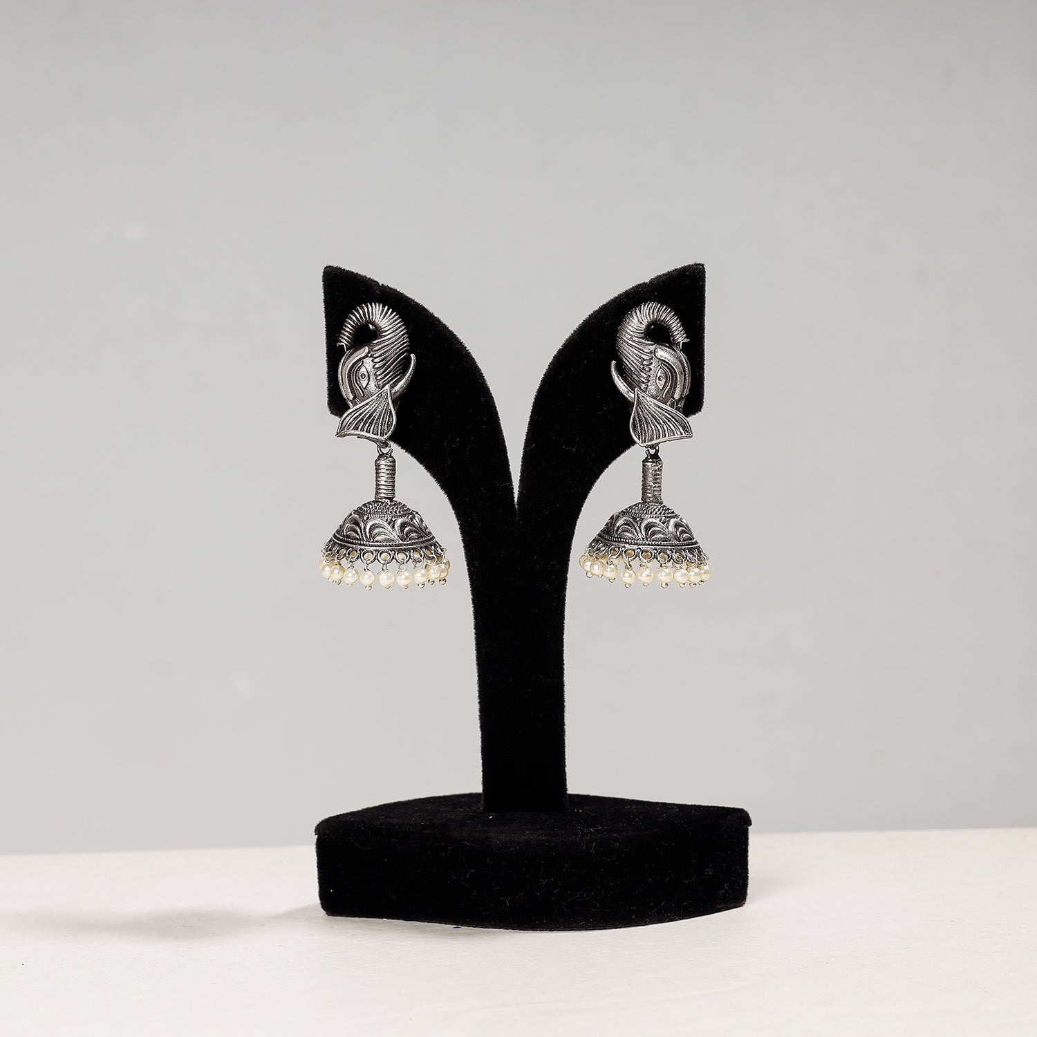 WHITE RIVER STORIES Antique Silver Finish Oxidised Brass Base Jhumki Earrings