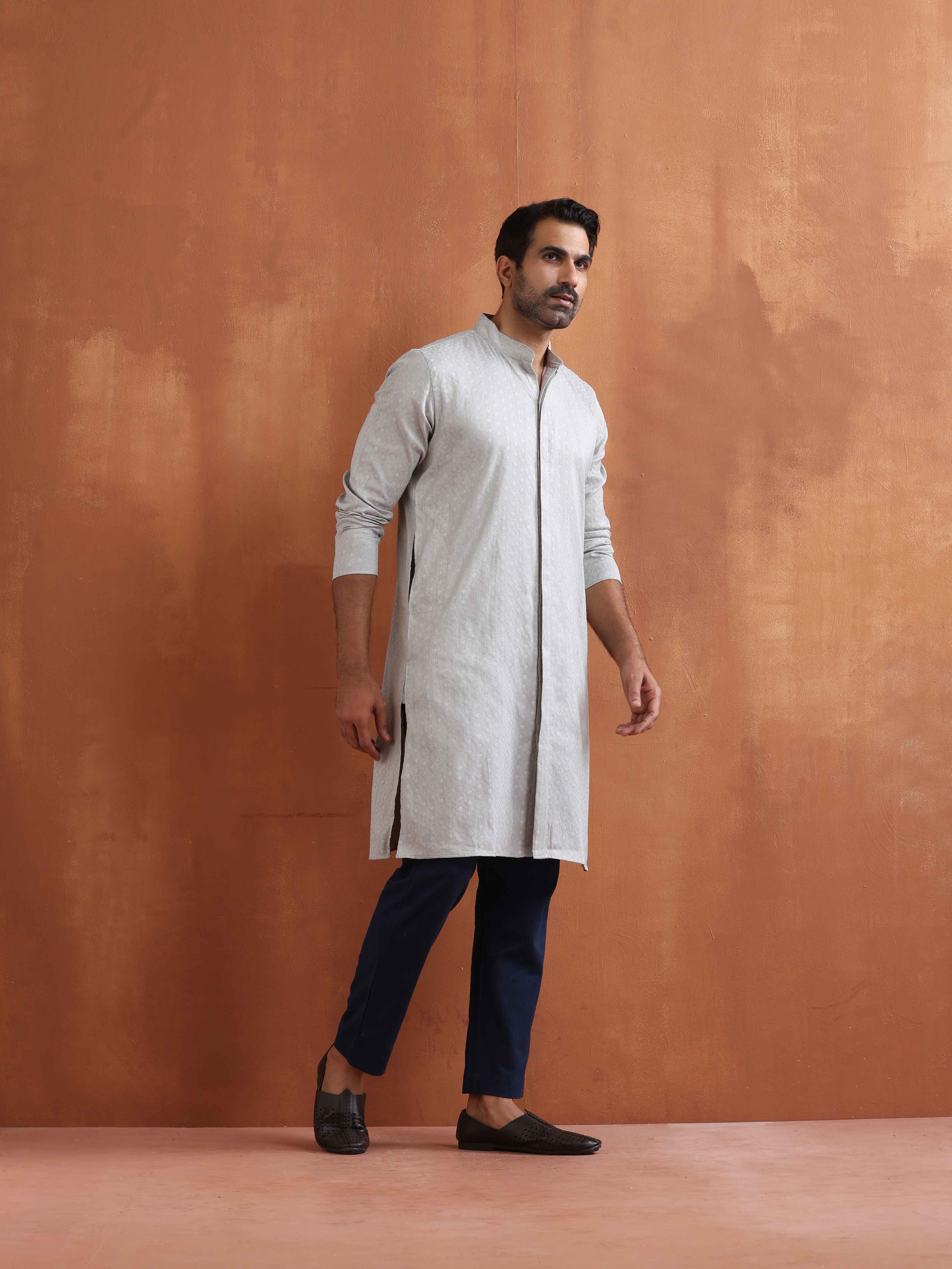 trueBrowns Men's Grey Chanderi Front Open Kurta - view 2