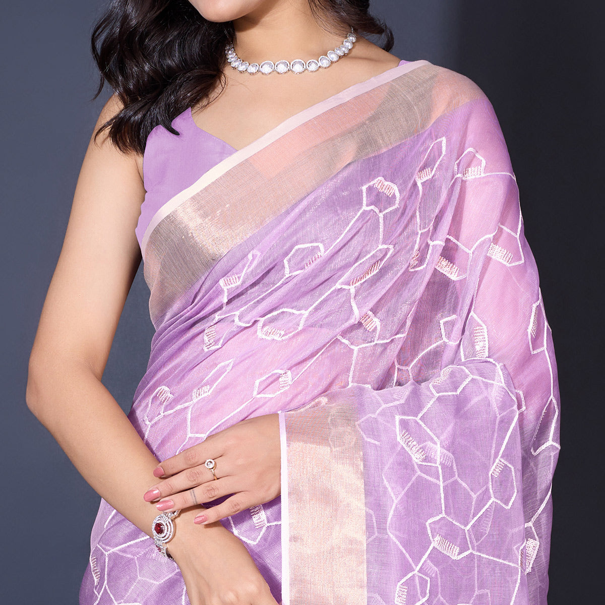 Peachmode Lavender Sequins Embroidered Cotton Silk Saree - view 3