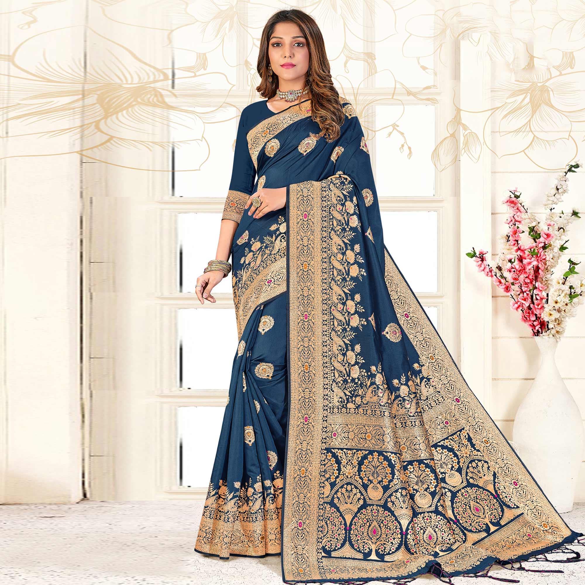 Peachmode Dark Blue Festive Wear Woven Jari Border Soft Silk Saree