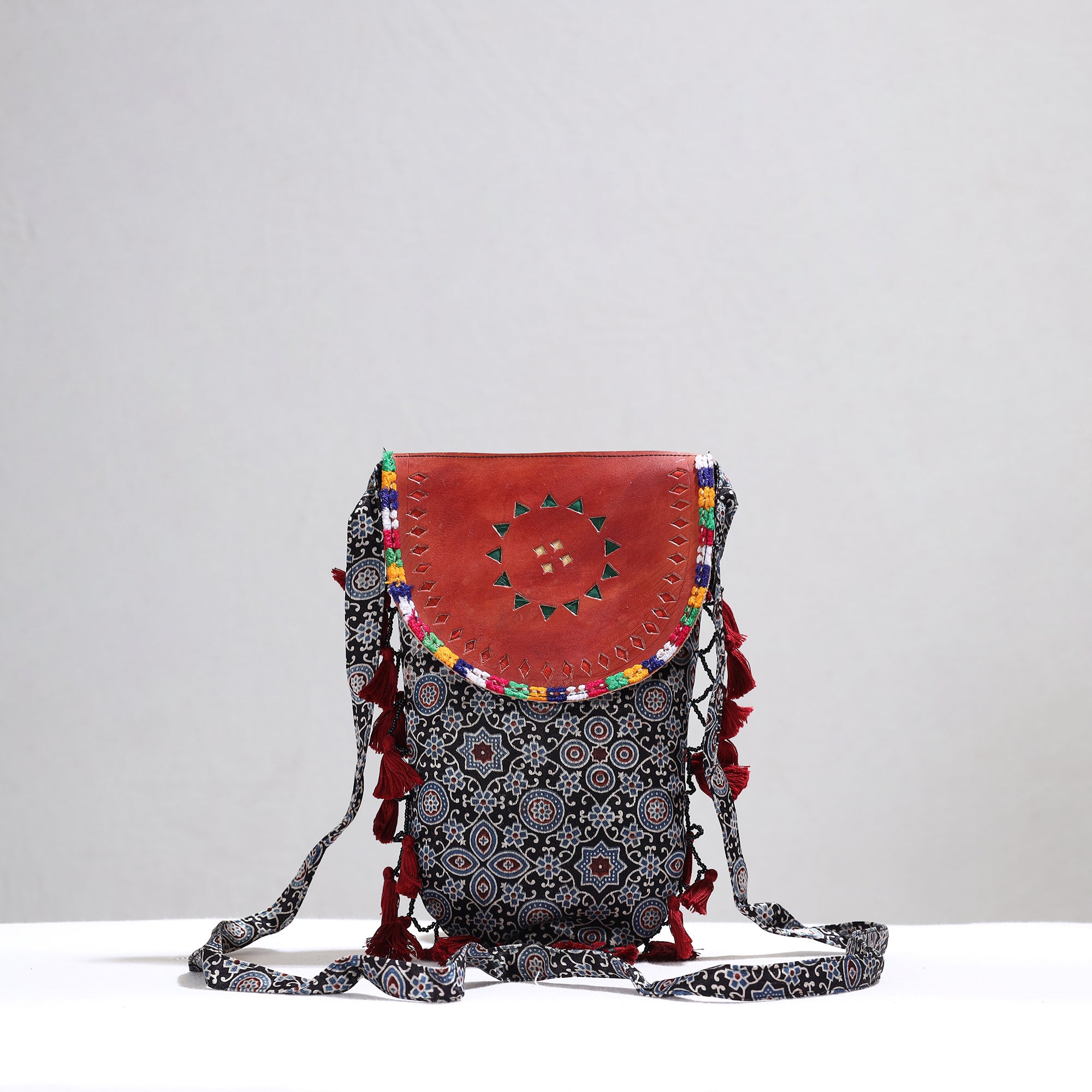 KACHCHH JI CHHAAP Black - Kutch Leather & Mashru Silk Sling Bag with Tassels 33 - view 2