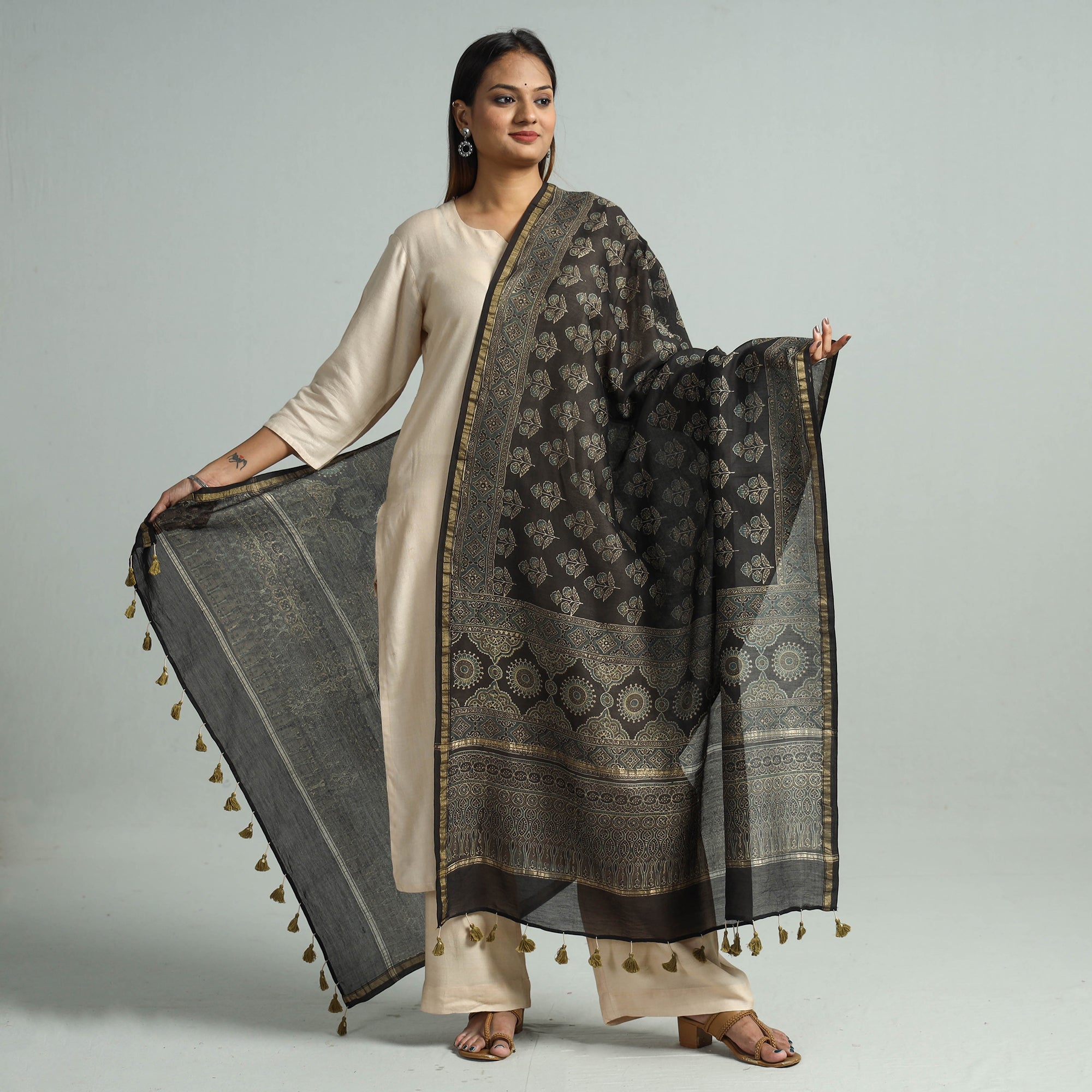 KACHCHH JI CHHAAP Black - Hand Block Print Chanderi Silk Ajrakh Dupatta 73