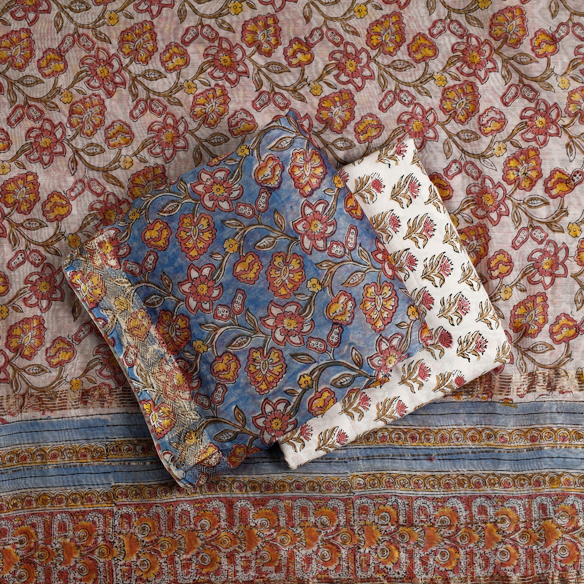 ARTISAN HAND BLOCK PRINTS Blue - 3pc Sanganeri Block Printed Maheshwari Silk Suit Material Set - view 2