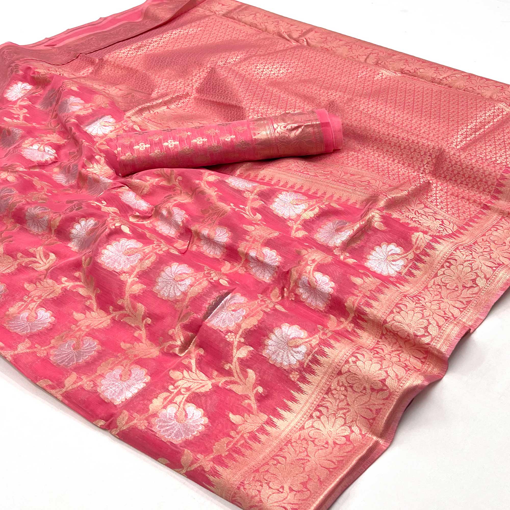 Peachmode Gajari Pink Floral Woven Linen Saree