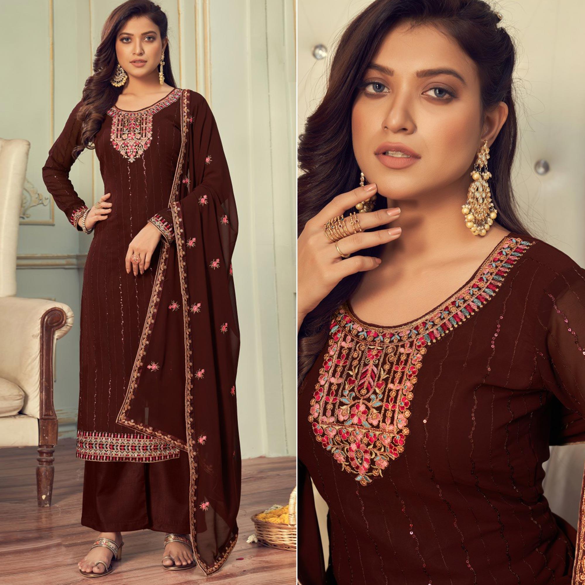 Peachmode Coffee Embroidered Georgette Palazzo Suit