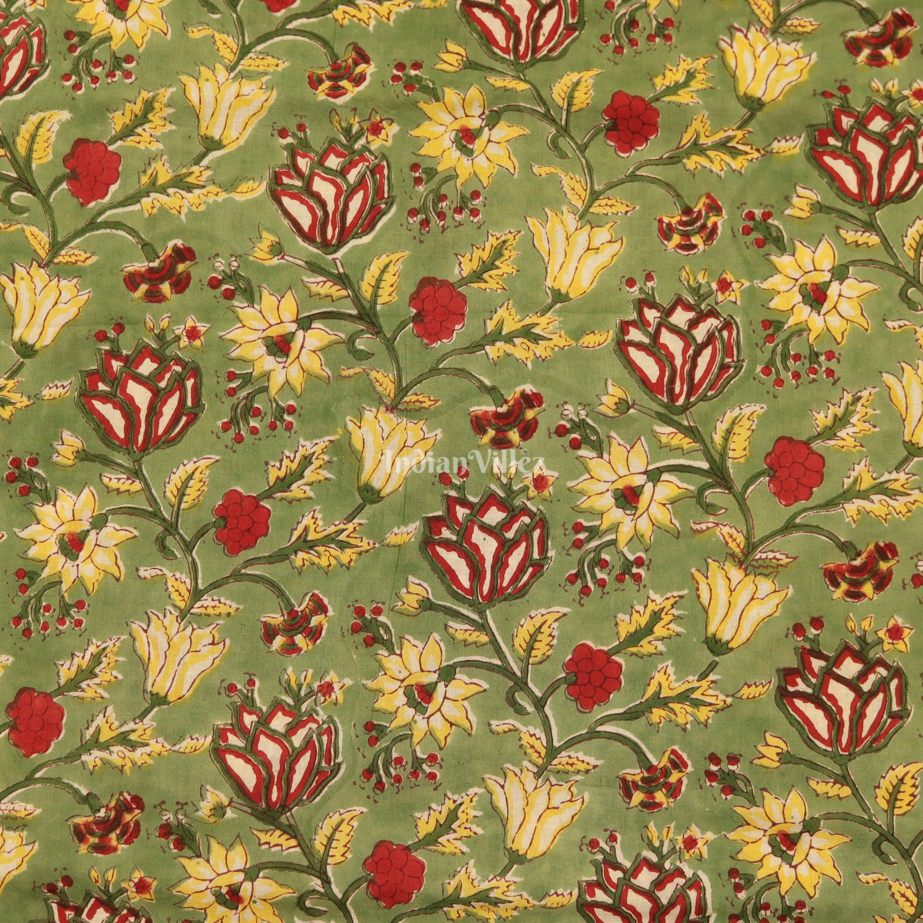 IndianVillèz Green Multi Color Flower Motif Hand Block Printed Cotton Fabric - view 2