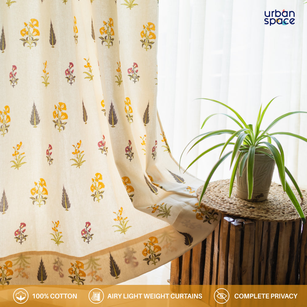 Urban Space -Home Furnishing Store 100% Cotton, room darkening ethnic curtains, Pack of 2 Curtains - High Garden Yellow